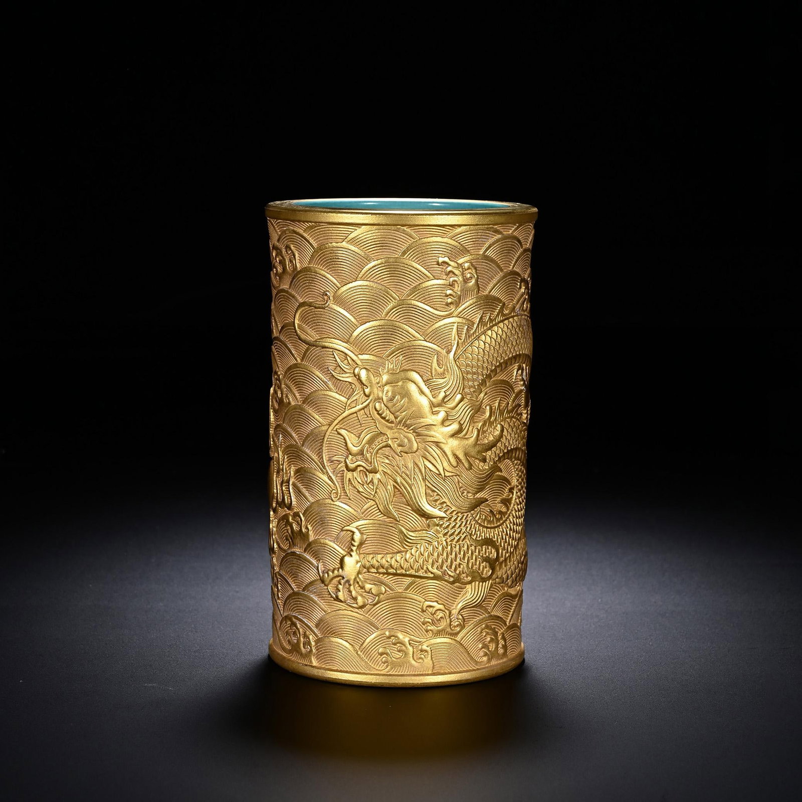 Gilt Dragon Brushpot: Gilt Dragon Brushpot. Dimensions: 2.95"x5.12"