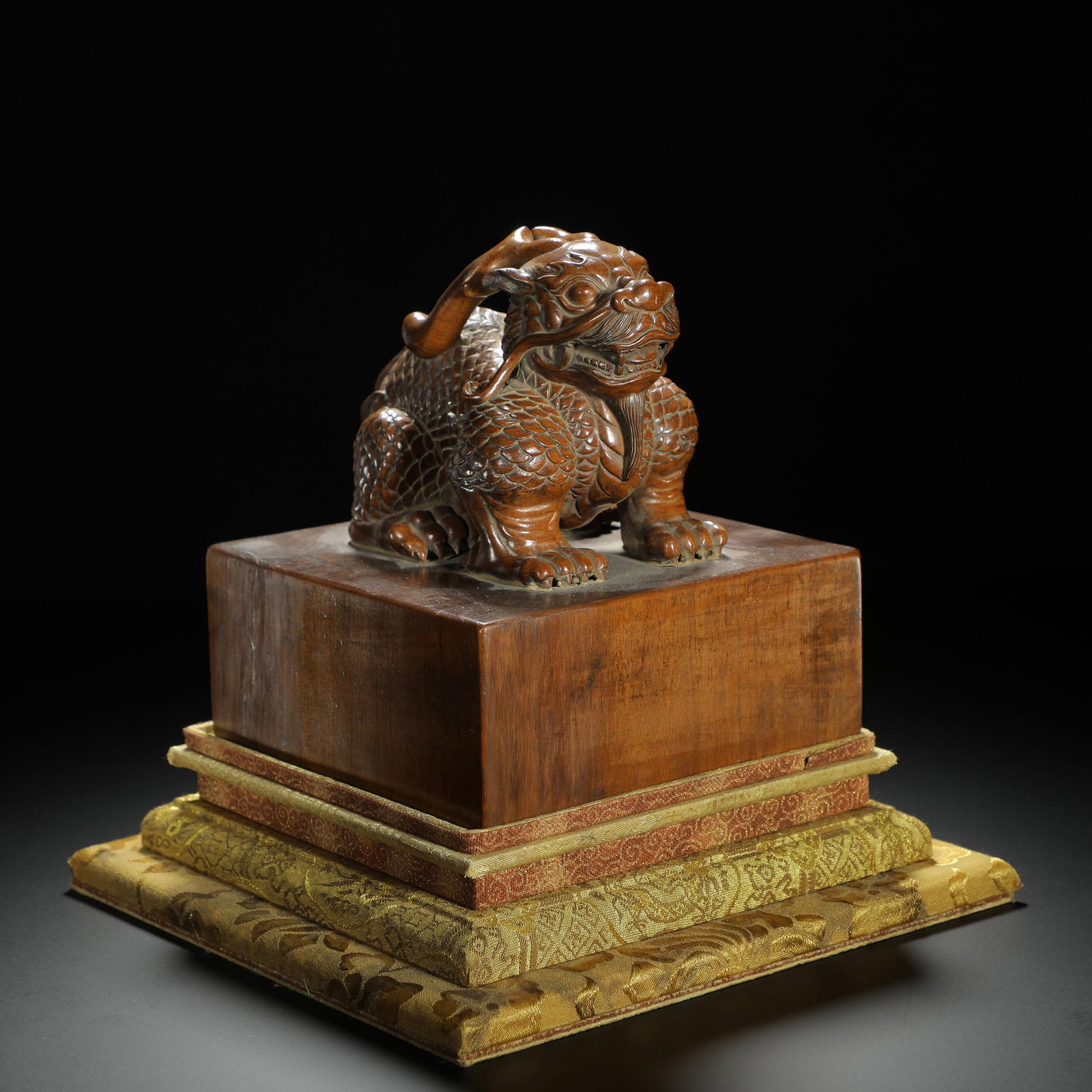 Boxwood Carved Qilin Seal: Boxwood Carved Qilin Seal. Length:5.55" Width:5.63" Height:6.50"