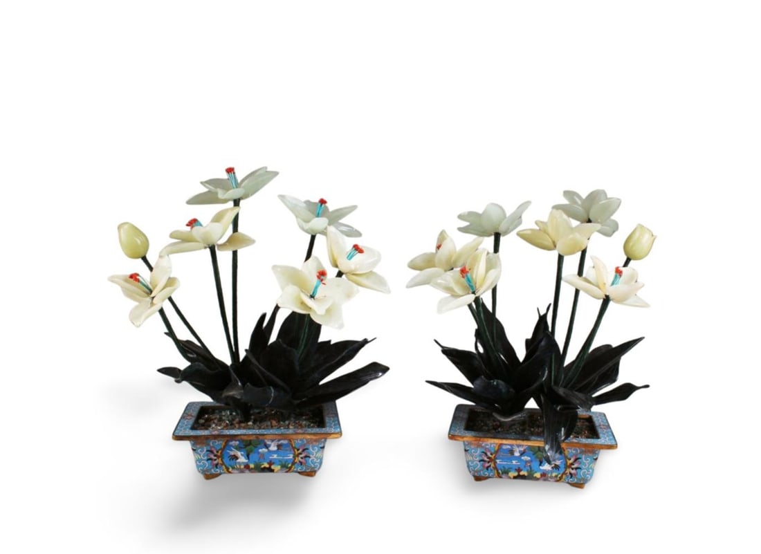 A Pair of Cloisonne Pot with Jade Flower Petals: A Pair of Cloisonne Pot with Jade Flower Petals. Height: 14".Provenance: From Pasadena Antique Centre