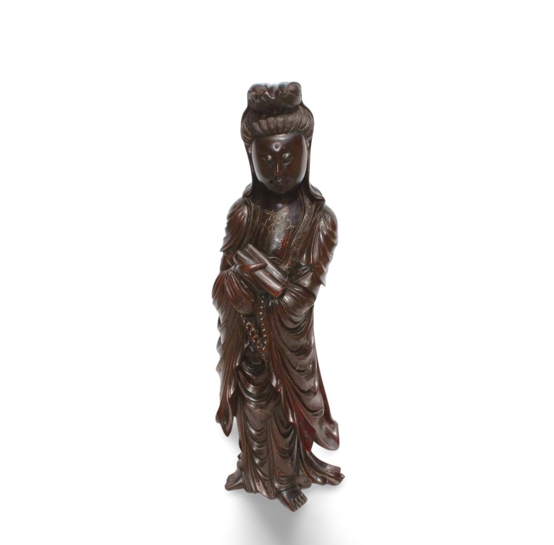 19th C. Antique Carved Hardwood Guanyin Statue: 19th Century Antique Carved Hardwood with Silver Inlay Standing Guanyin Statue. Height: 22"Provenance: From Pasadena Antique Centre