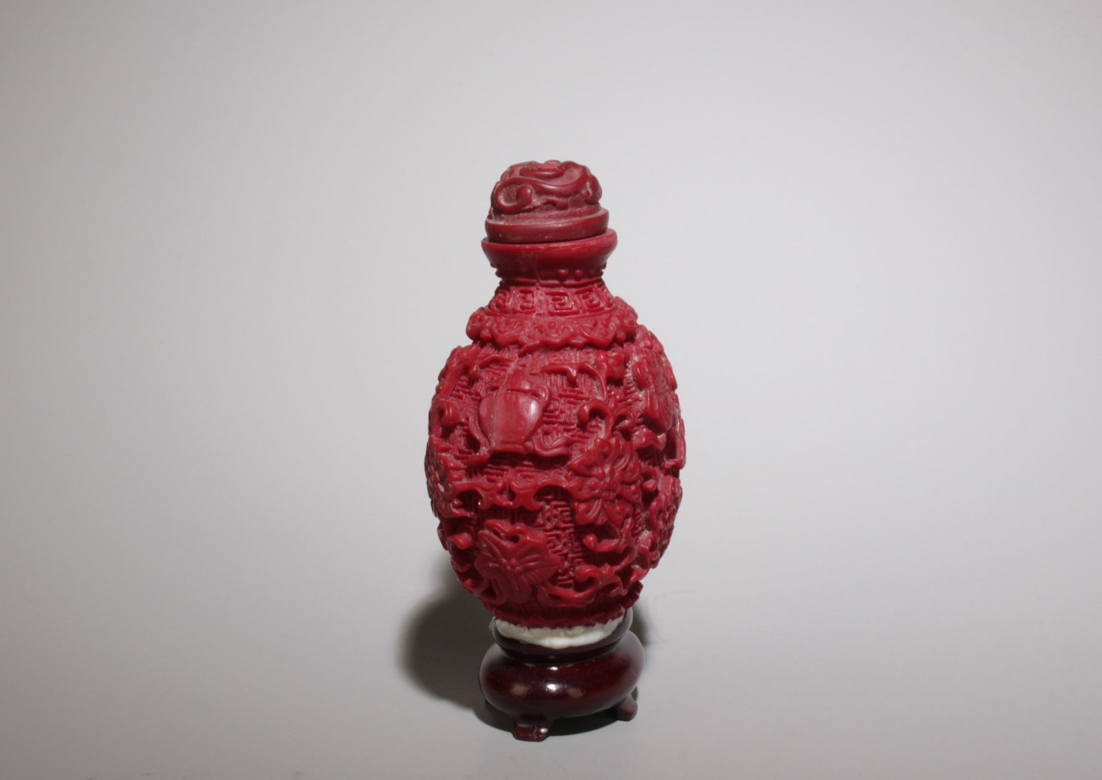 A Cinnabar Snuff Bottle w/ Stand - 3