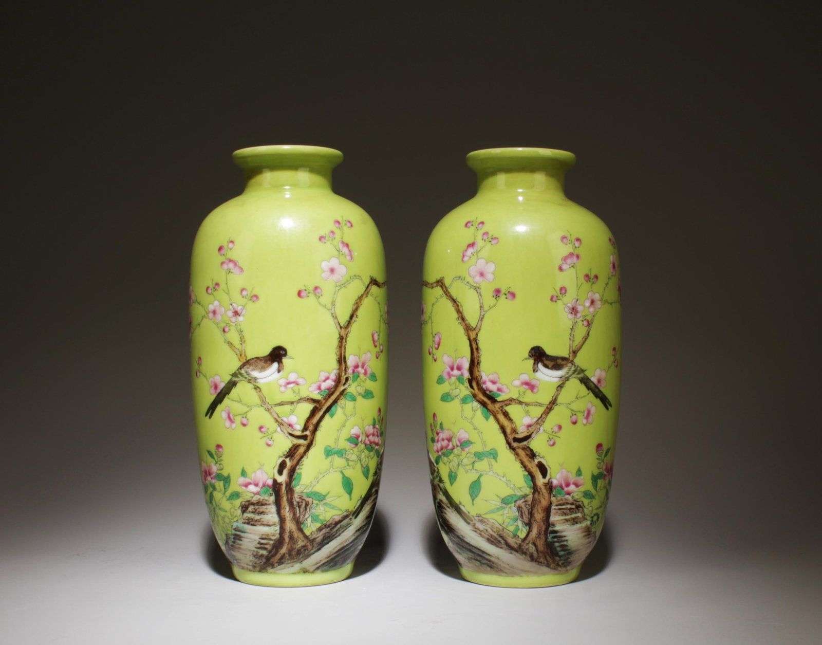 A Pair of Fencai Vases: A Pair of Fencai Vases. Dimensions: 4" x 8.2".