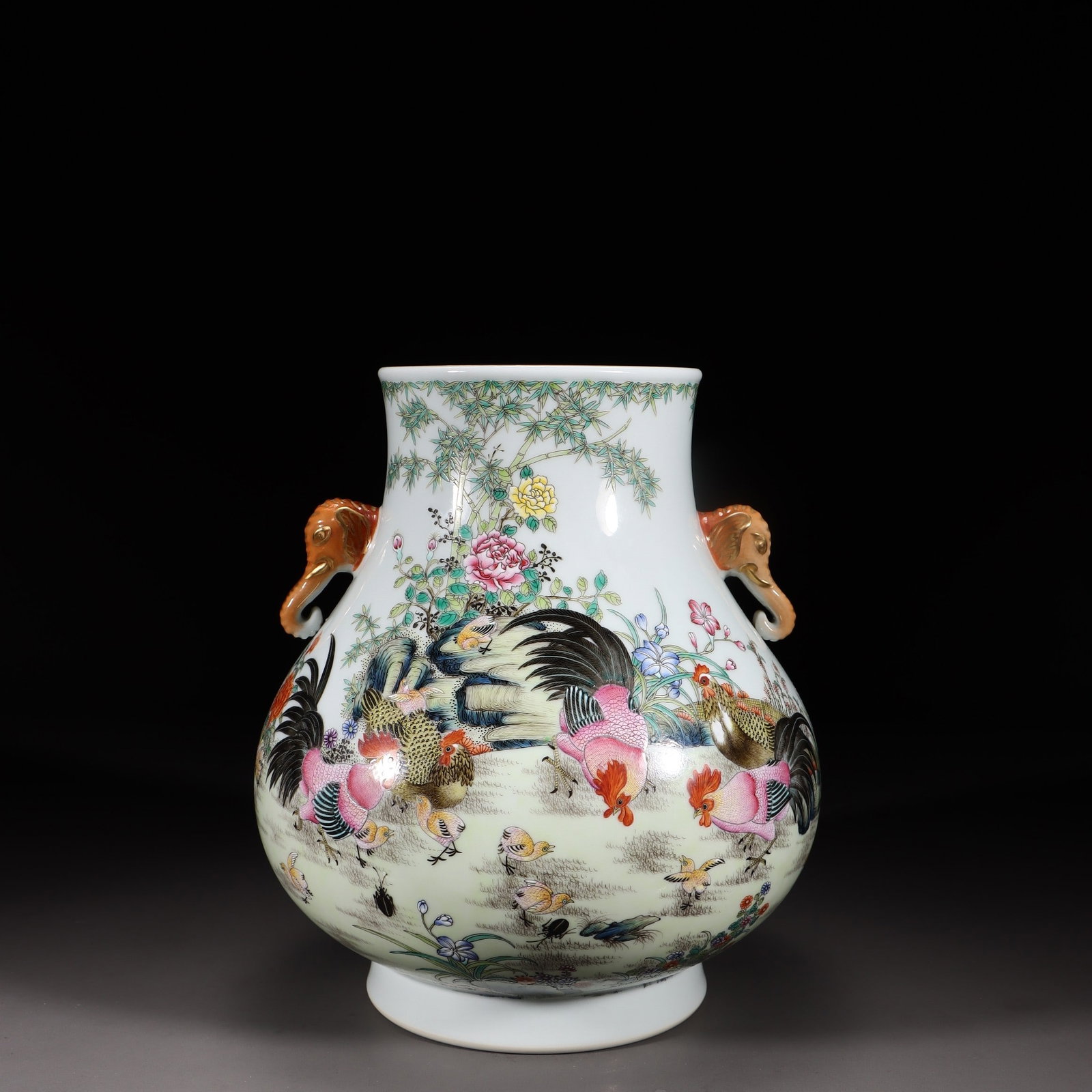 A Fencai Enamel Chicken-Pattern Elephant-Ear Vase: A Fencai Enamel Chicken-Pattern Elephant-Ear Vase. Height: 9.45in Length: 7.68in Diameter: 7.68in Weight: 4.72lbs.
