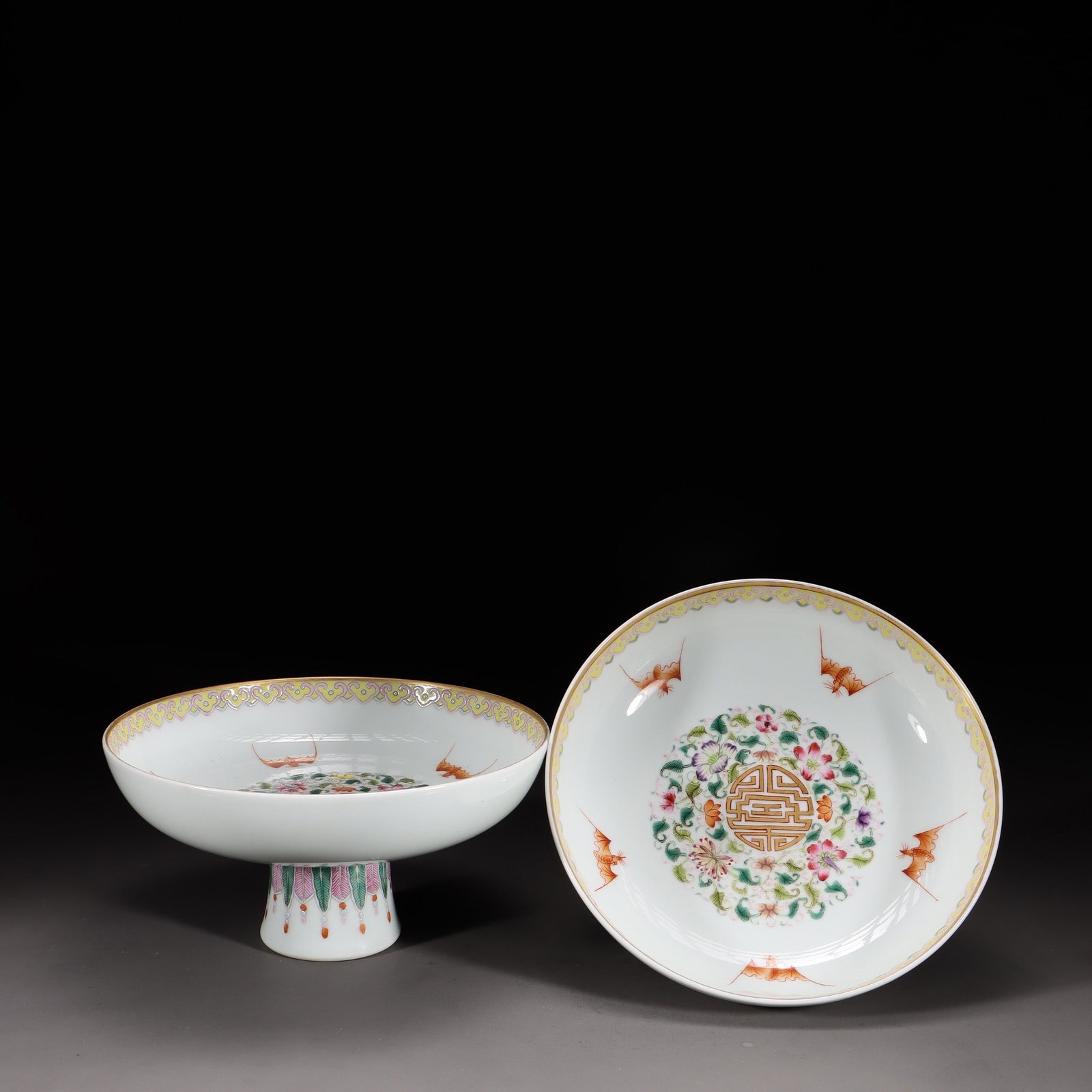 A Pair of Fencai Enamel High-Foot Offering Plates: A Pair of Fencai Enamel High-Foot Offering Plates. Height: 3.15in Diameter: 6.57in Weight: 0.95lbs.