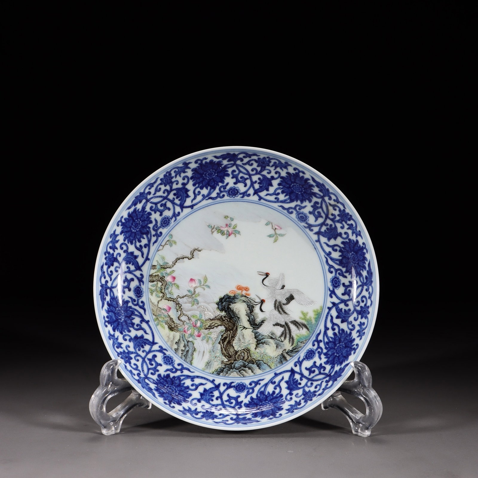 A Blue & White Fencai Crane-Pattern Plate: A Blue & White Fencai Crane-Pattern Plate. Height: 1.38in Diameter: 7.48in Weight: 0.87lbs.