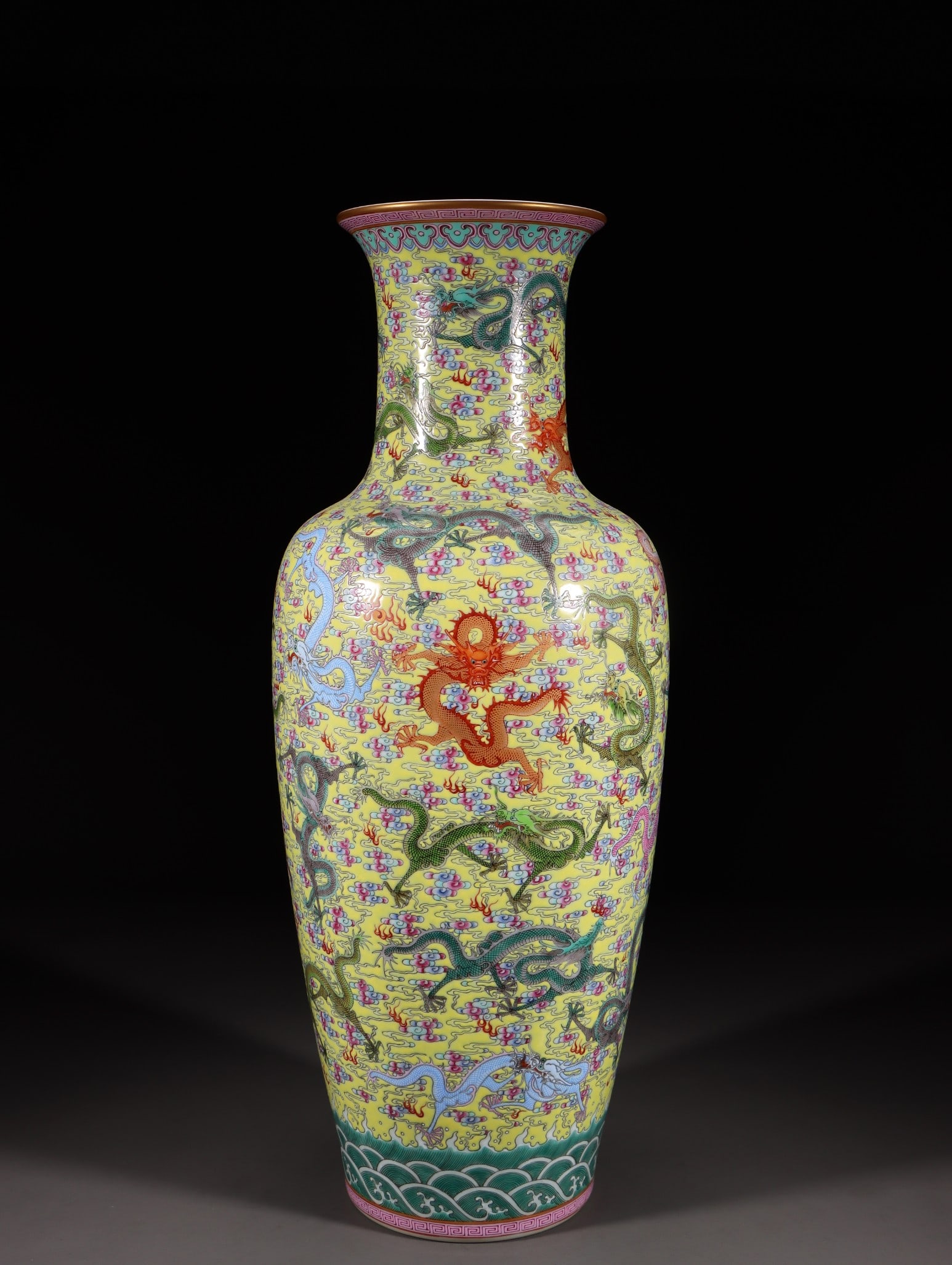 A Yellow Colored Fencai Enamel Dragon Vase: A Yellow Colored Fencai Enamel Dragon Vase. Height: 17.91in Diameter: 6.69in Weight: 6.83lbs.