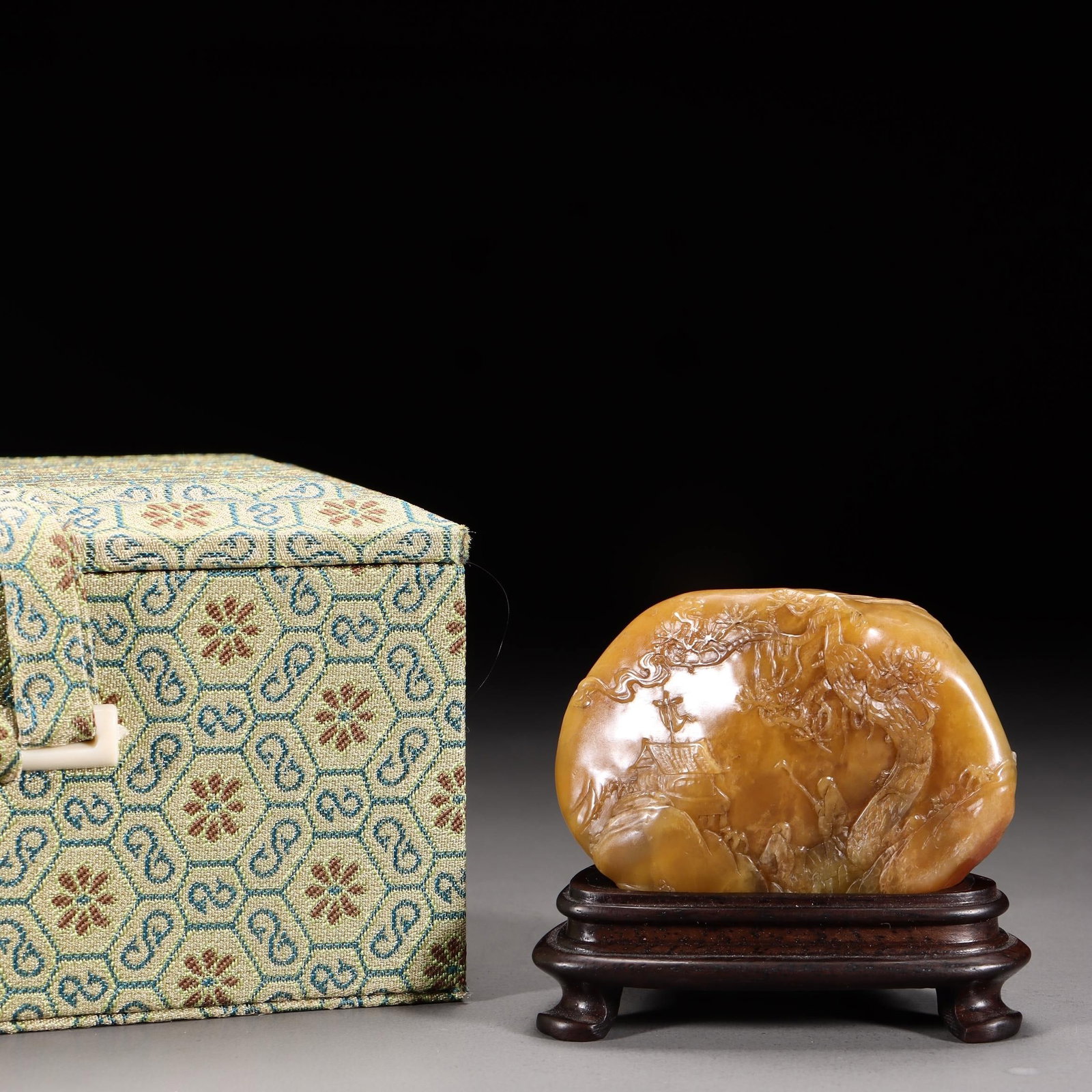 A Shoushan Stone Carved Landscape Ornament: A Shoushan Stone Carved Landscape Ornament. Dimensions: 1.77in x 2.56in x 1.50in Weight: 0.31lbs.