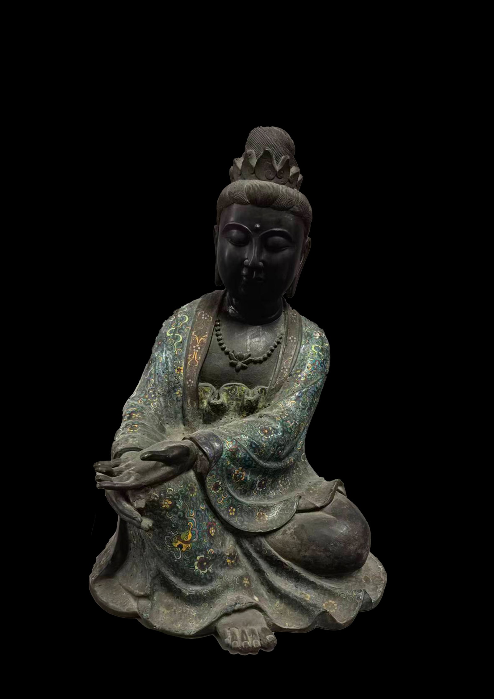A Cloisonne Enamel Bronze Statue of Seated Avalokiteshvara: A Cloisonne Enamel Bronze Statue of Seated Avalokiteshvara. Height: 25.59in.