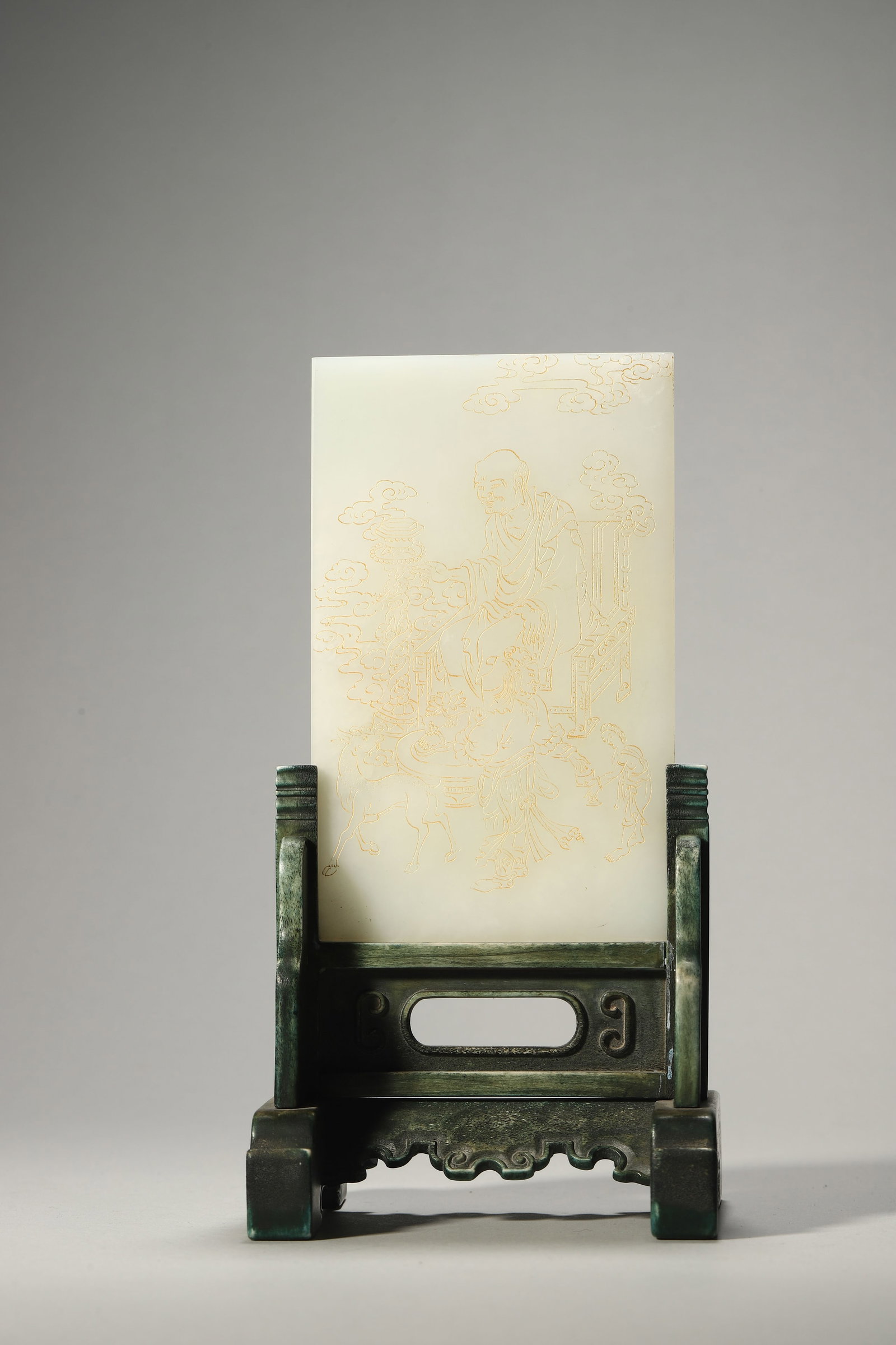 A White-Jade Screen with Gold Decoration Depicting Arhat (1 of 7)