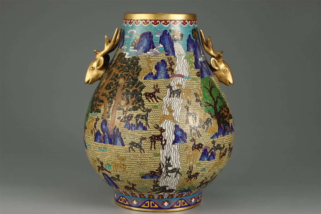 A Gilt Cloisonne Vase with Hundred-Deer Motif: A Gilt Cloisonne Vase with Hundred-Deer Motif. Height: 14.57in; Width: 10.63in; Weight: 21.81lb.