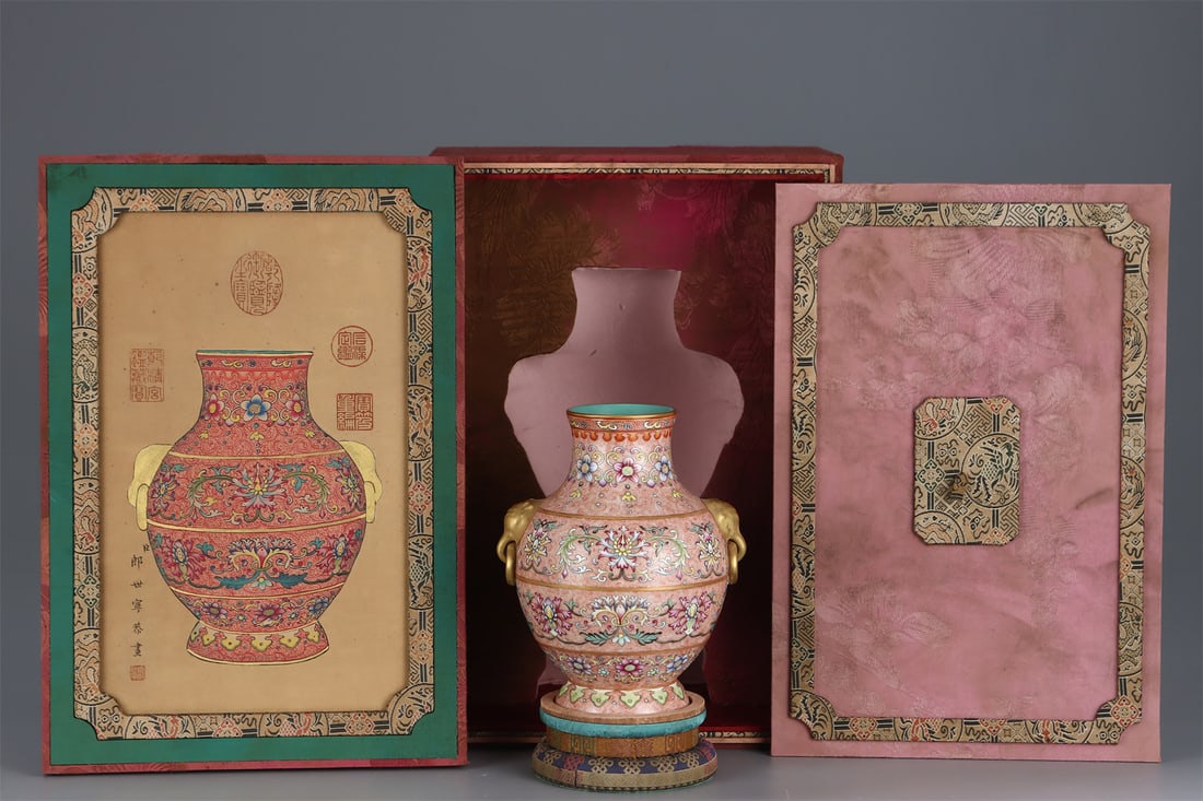 A Famille-Rose Enamel Vase with Gilt Beast Handles: A Famille-Rose Enamel Vase with Gilt Beast Handles. Height: 7.99in; Diameter: 6.69in.