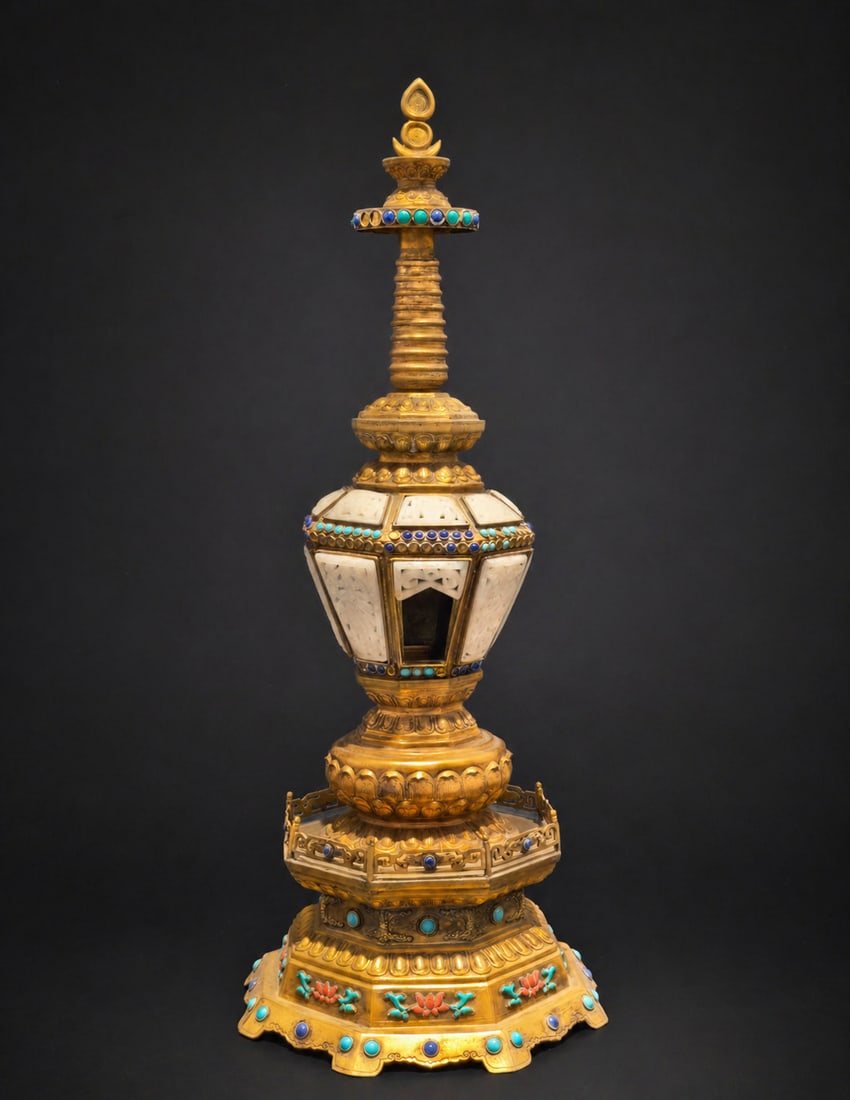 A Gilt-Bronze Court Stupa Inlaid with Gemstones: A Gilt-Bronze Court Stupa Inlaid with Gemstones. Height: 19.29in.