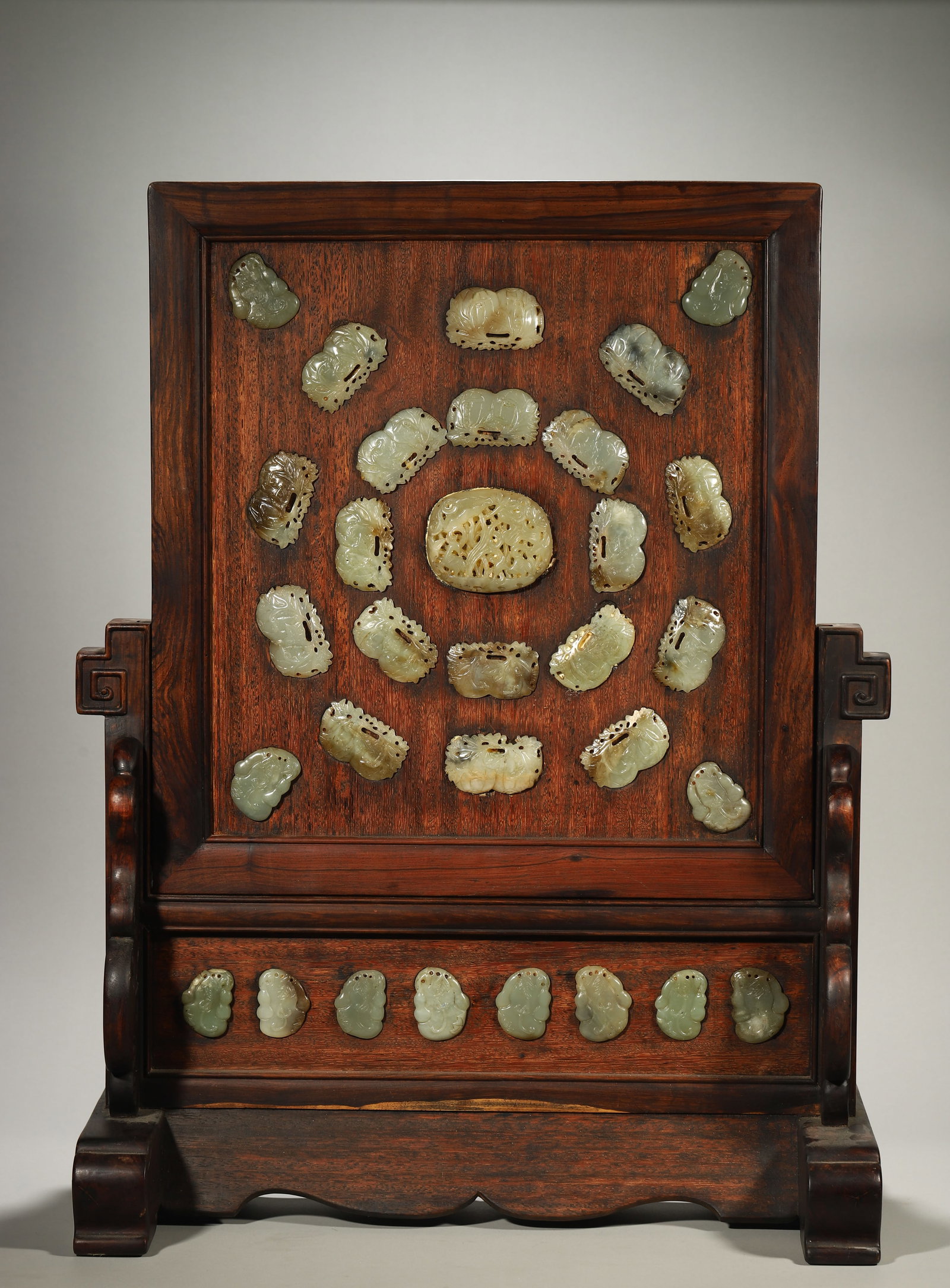 A Wood-and-Jade Inlaid Belt Panel Screen: A Wood-and-Jade Inlaid Belt Panel Screen. Height: 27.56in; Width: 21.65in.