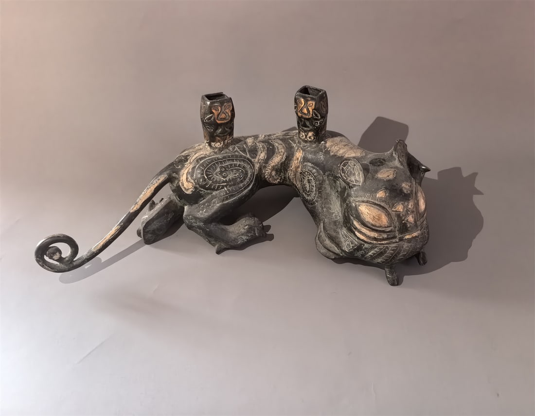 A Gilt-Bronze Tiger-Base Drum from Chu Region: A Gilt-Bronze Tiger-Base Drum from Chu Region. Length: 19.69in.