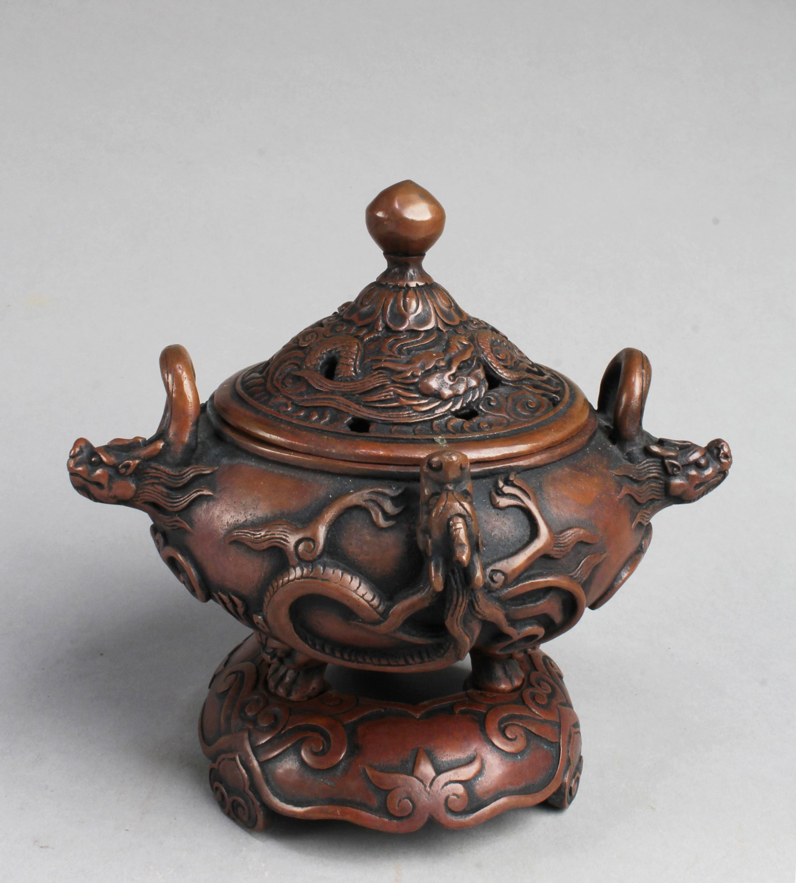 Chinese Bronze Censer: Chinese Bronze Censer, with base. 'XuanDe' mark at base. Diameter: 6.75"
