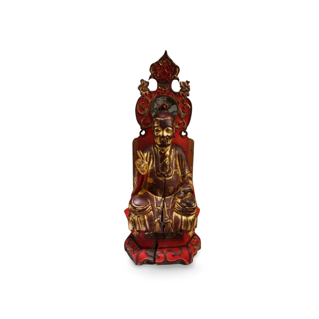 An Old Carved Gilt Wooden Buddha Statue: An Old Carved Gilt Wooden Buddha Statue. Height: 18"