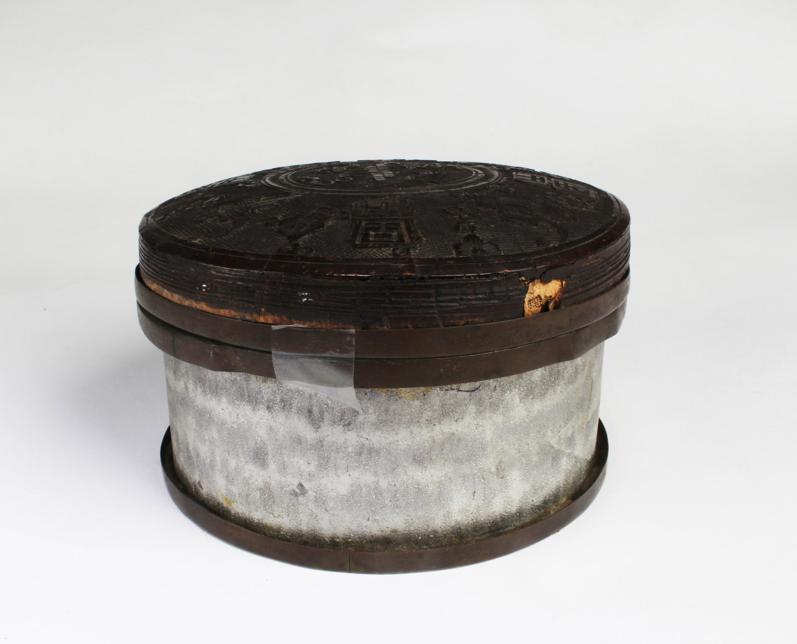 A Pewter Round Container with Coconut Lid: A Pewter Round Container with Coconut Lid. Diameter: 5.5"