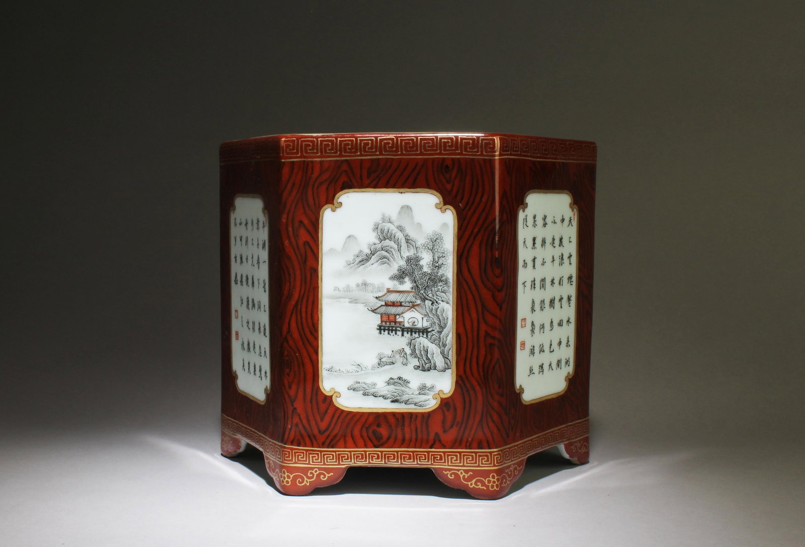 A Chinese Hexagon Shaped Brush Holder Pot: A Chinese Hexagon Shaped Brush Holder Pot. Dimensions: 7.2" x 8.2".