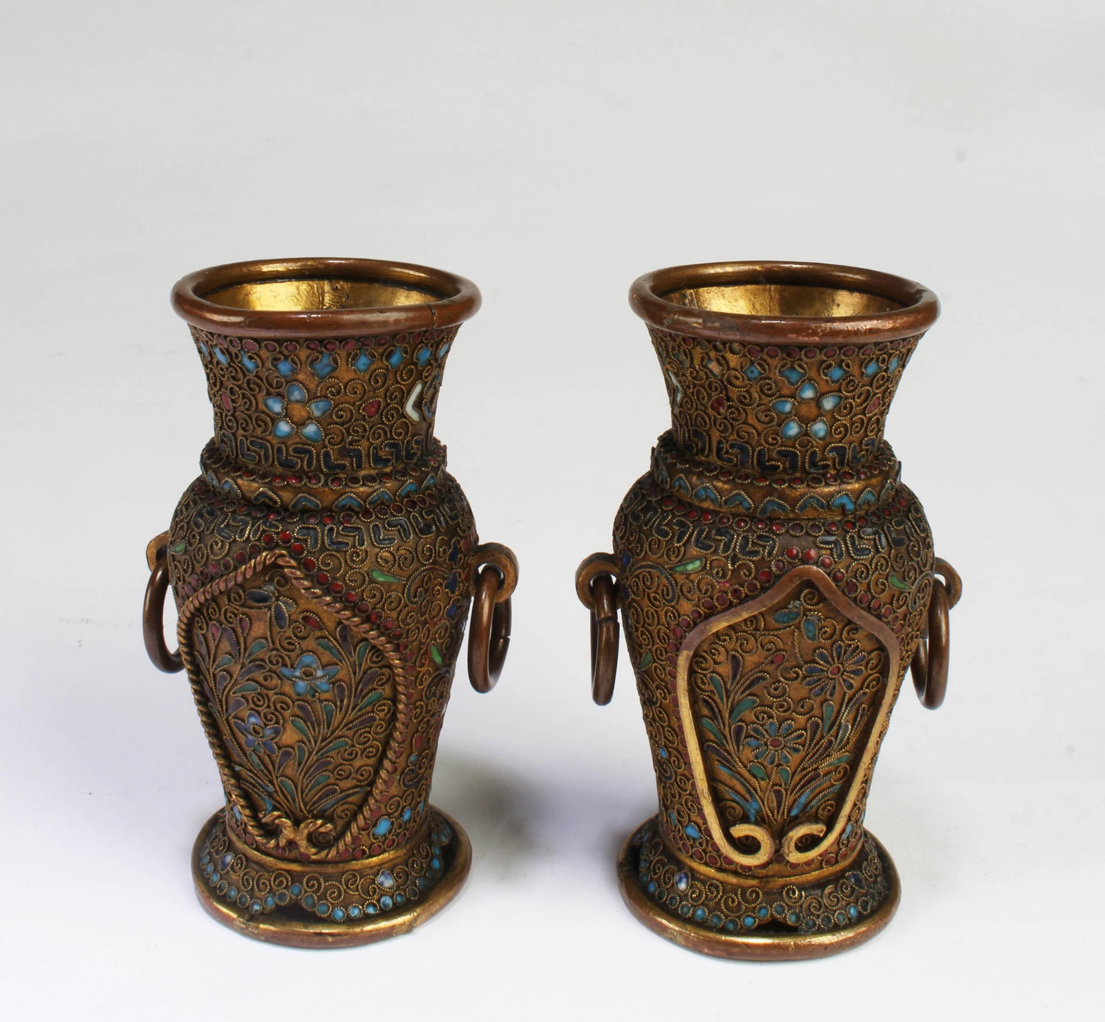 Antique Pair of Gilt Bronze/ Cloisonne Vases: Antique Pair of Gilt Bronze/ Cloisonne Vases, decorated with precious stones inlay. Height: 3.25"