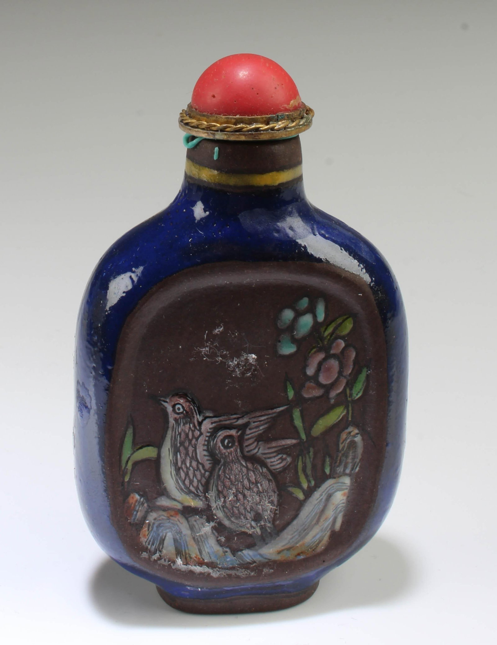 Chinese Zisha Enamel Snuff Bottle: Chinese Zisha Enamel Snuff Bottle. Height: 3.15"
