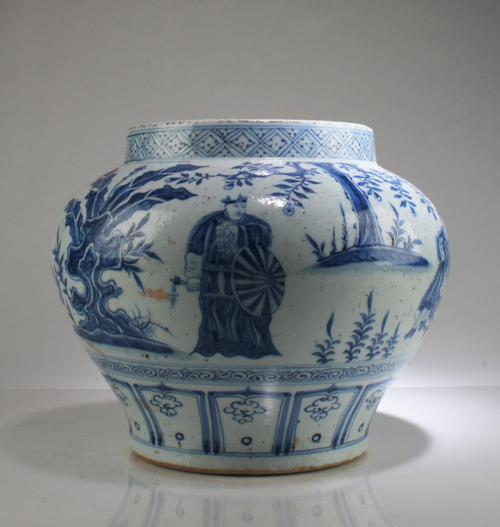 A Blue & White Porcelain Jar: A Blue & White Porcelain Jar. Height: 10.5" Diameter: 12.5"