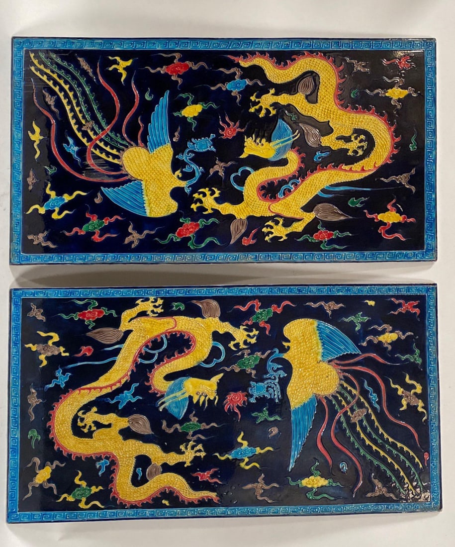 A Pair of Porcelain Plaques: A Pair of Porcelain Plaques. Length: 33" Height: 17.25"