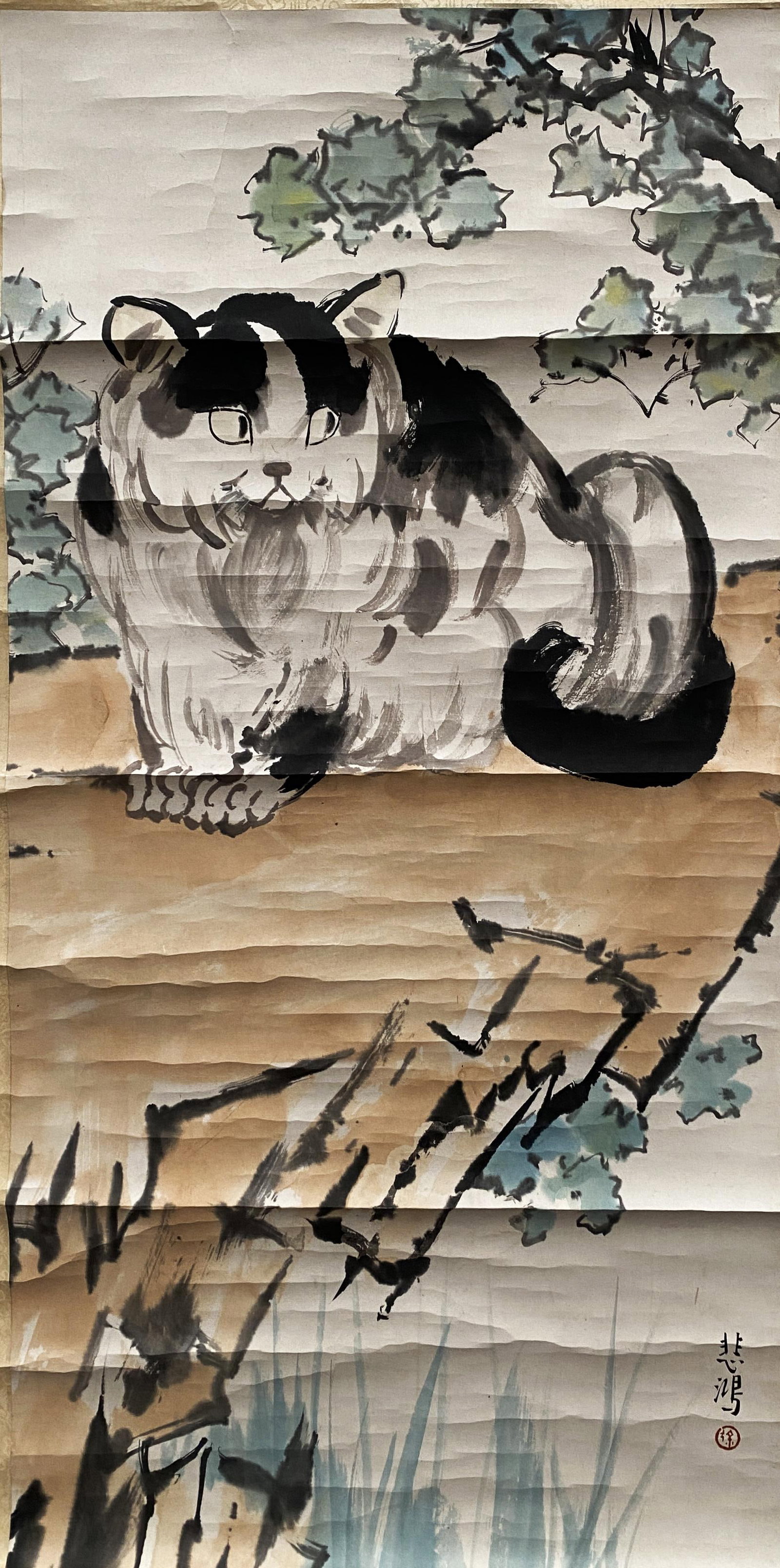 Chinese Hanging Scroll Painting: Ink and color on paper, depicting a cat, signed with seal attributed to Xu Bei Hong. Length: 16.75" Height: 35.5"