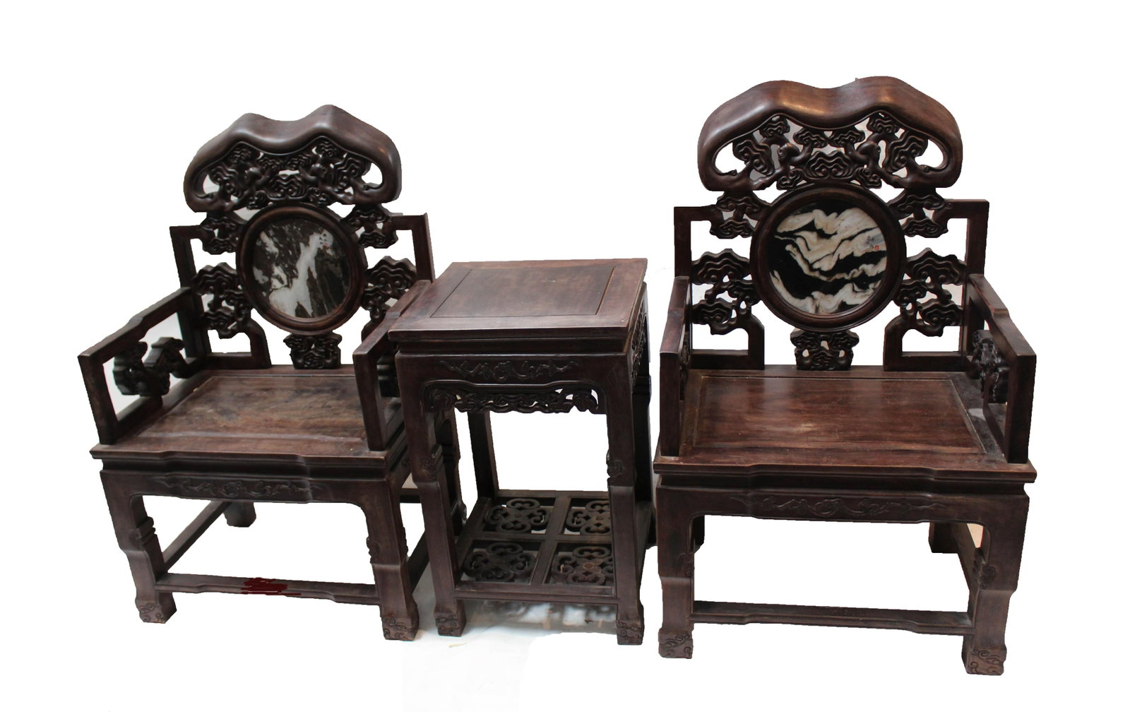 A Set of Two Chinese Hardwood Chairs with One Side: A Set of Two Chinese Hardwood Chairs with One Side Table, the backrest of the chairs decorated with marble inlay. Length: 28.25" Width: 20.5" Height: 45" (Chair) Length: 18.75" Width: 18.75" Height: