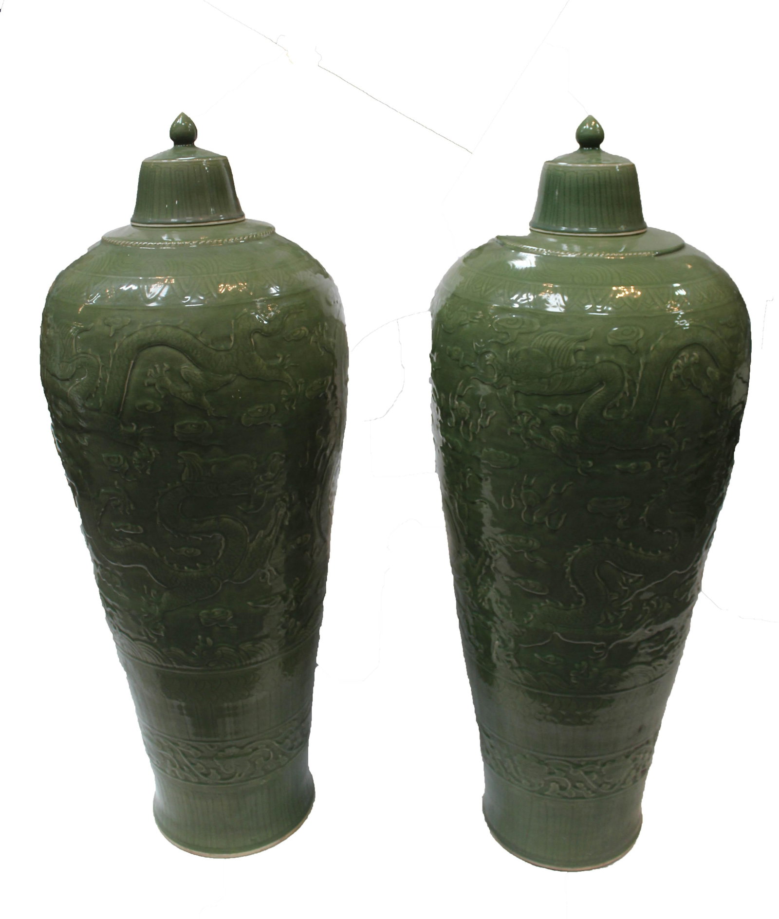 A Pair of Large Chinese Longquan Vases: A Pair of Large Chinese Longquan Vases. Comes fitted with a lid each. Height: 52.5"