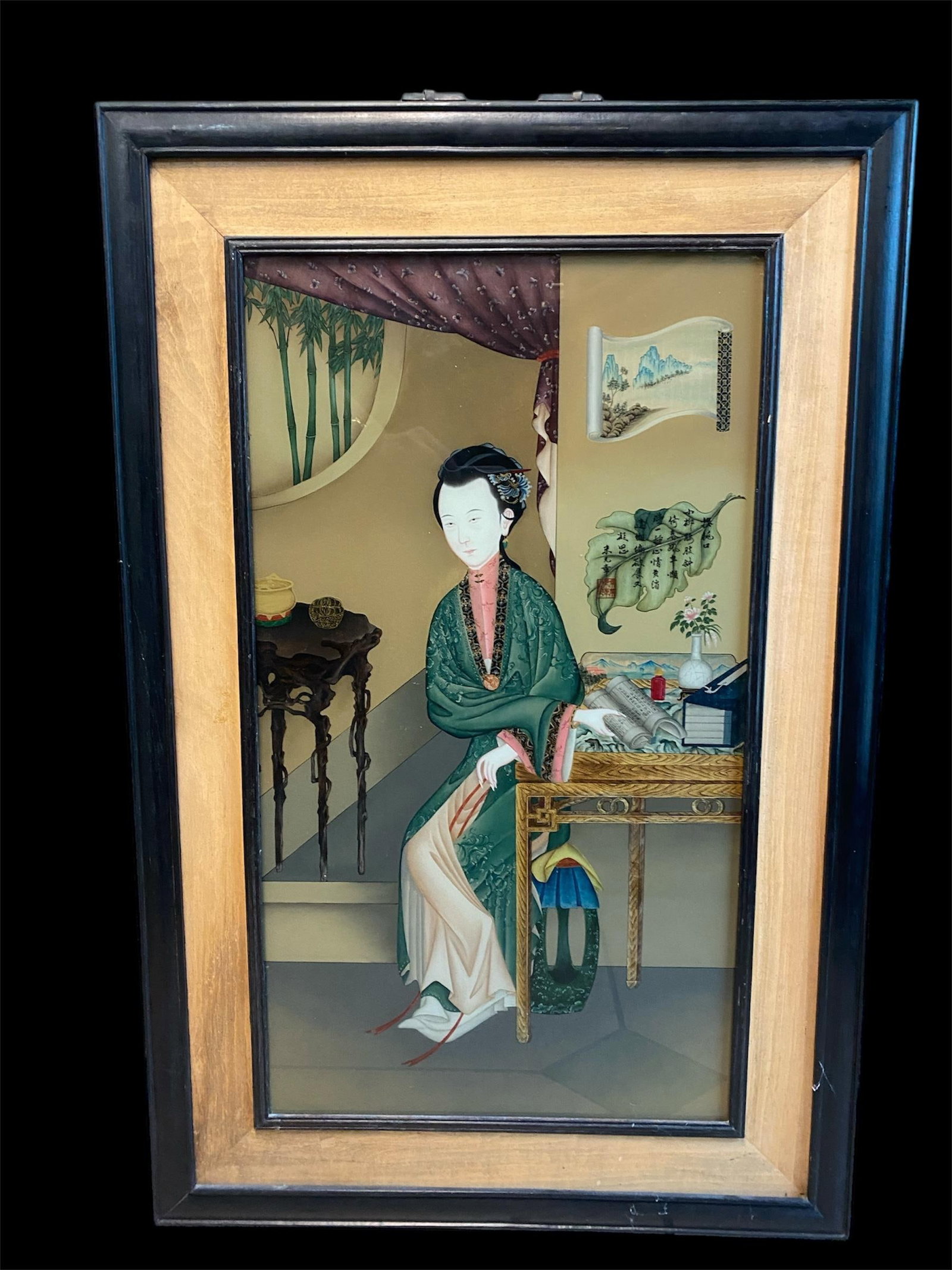 An Antique Reversed Glass Painting: An Antique Reversed Glass Painting by Mi Yuan Zhang. Dimension: 32" x 21".