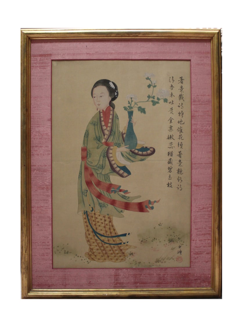 A Framed Painting: Ink and color on paper, depicting a portrait of a maiden holding a vase of white flowers. Length: 23" Height: 34"