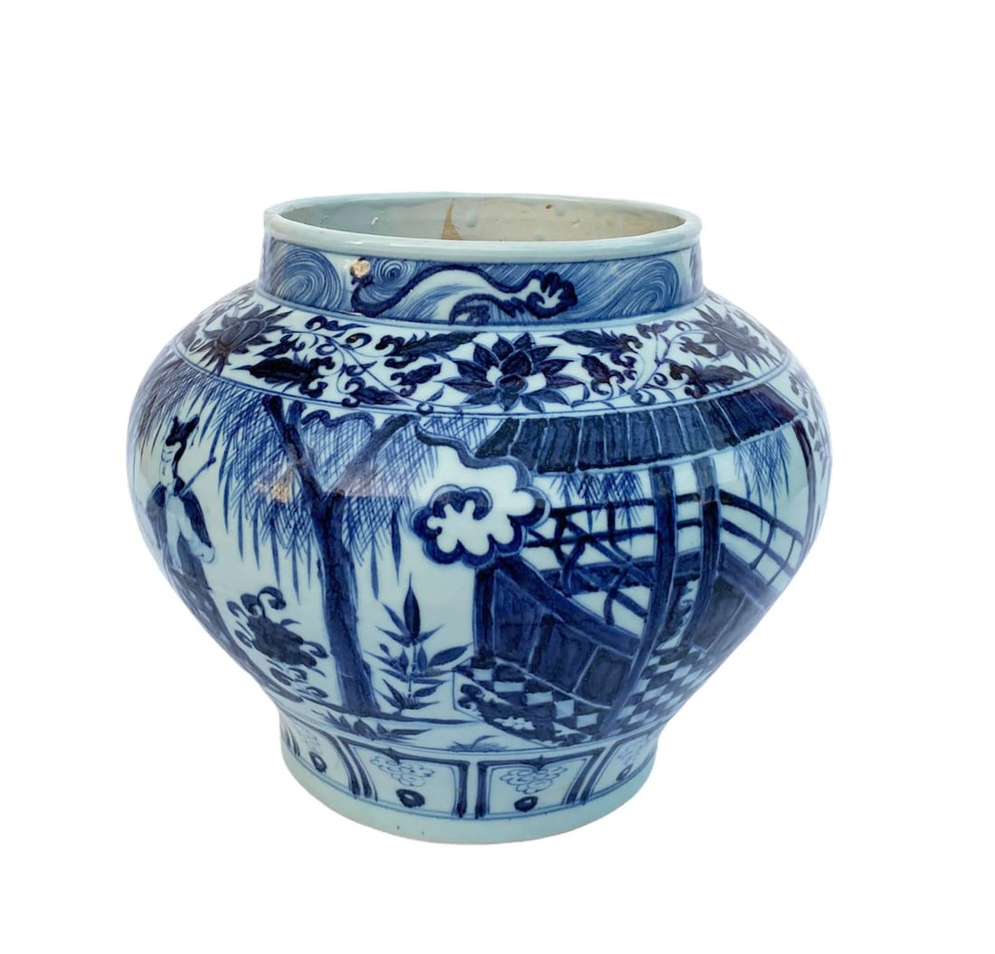 Chinese Blue & White Porcelain Jar: Chinese Blue & White Porcelain Jar. Diameter: 13.25" Height: 11.25"