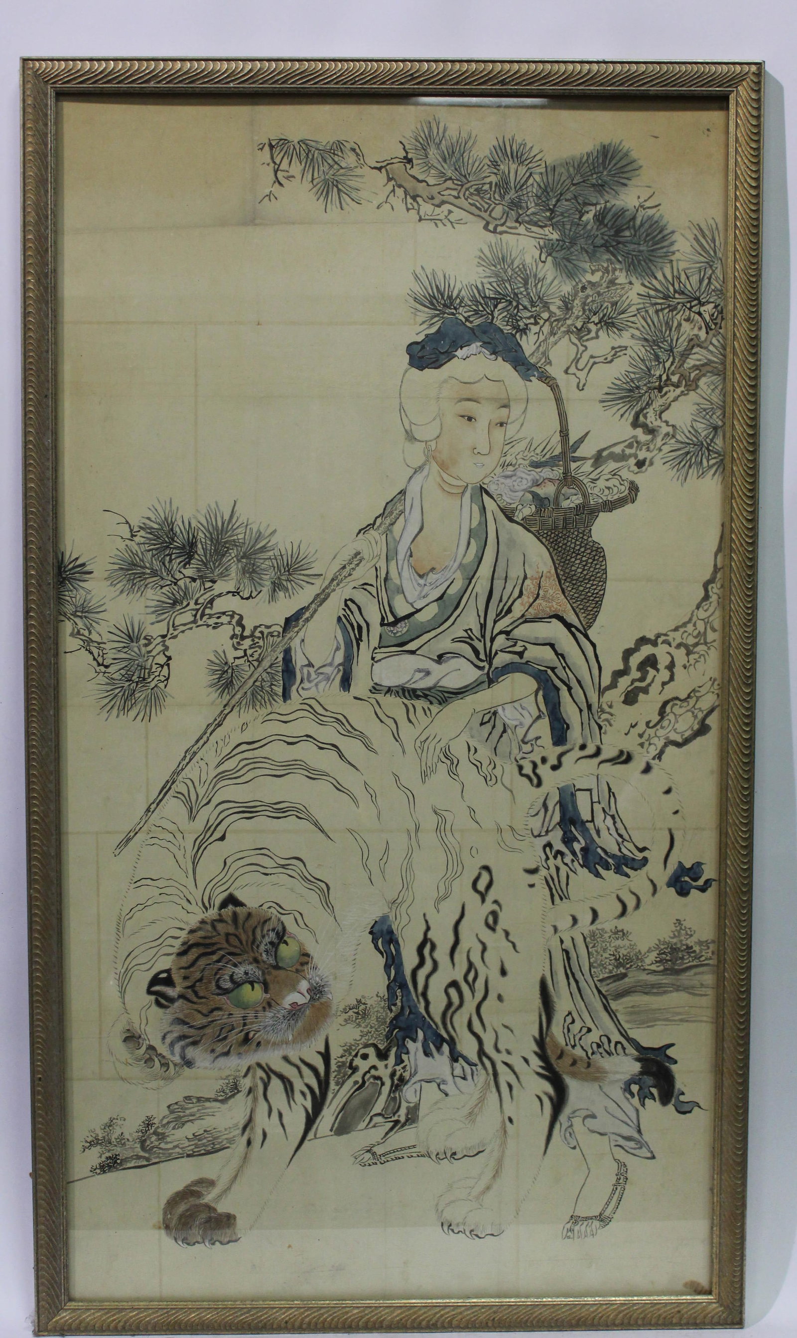 Antique Chinese Framed Painting: Ink and color on paper, depicting a maiden with a white tiger in an outdoor scenery. Length: 27.5 " Height: 50.5 "