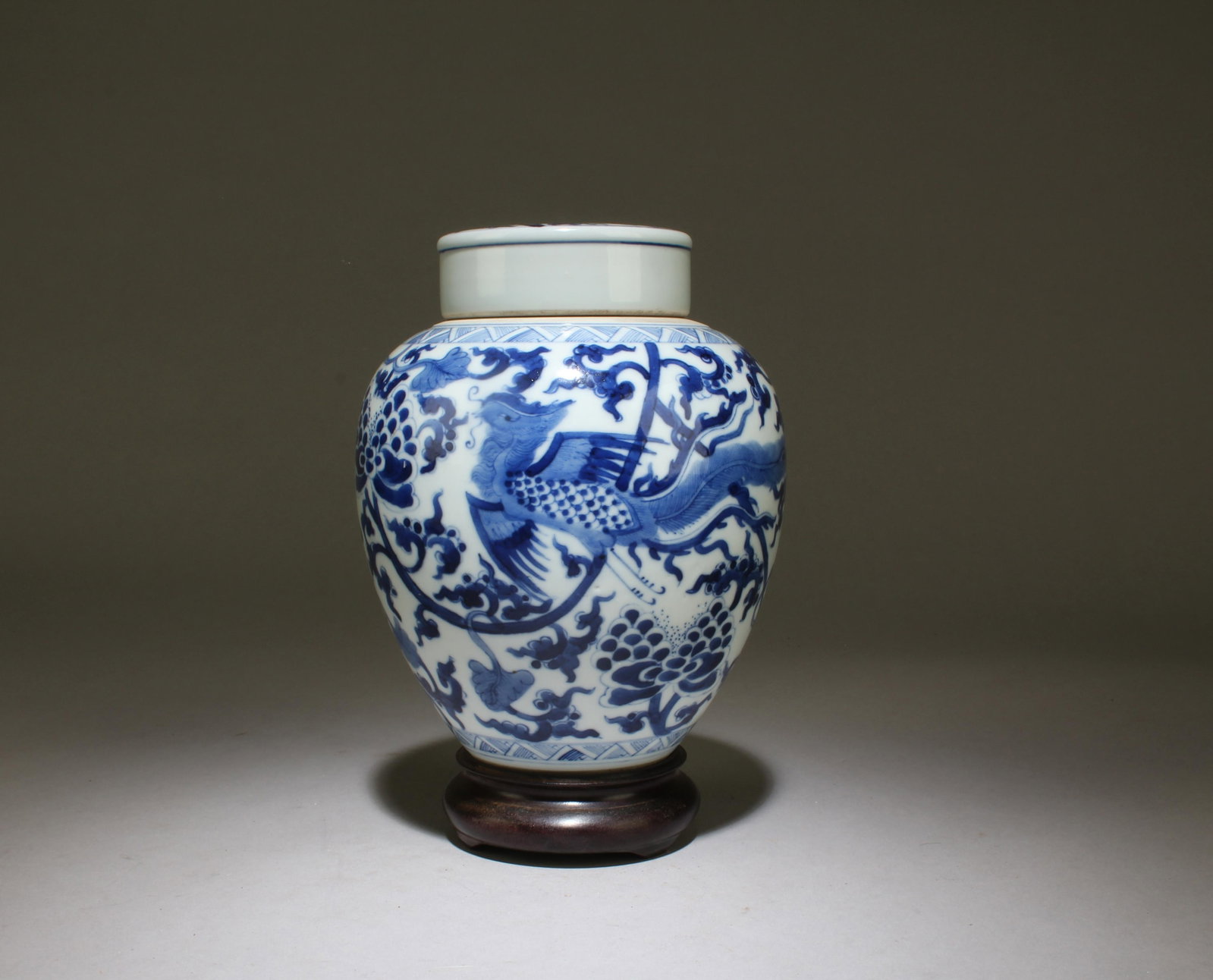 A Blue and White Jar with Lid and Stand: A Blue and White Jar with Lid and Stand. Dimensions: 7" x 5.5"