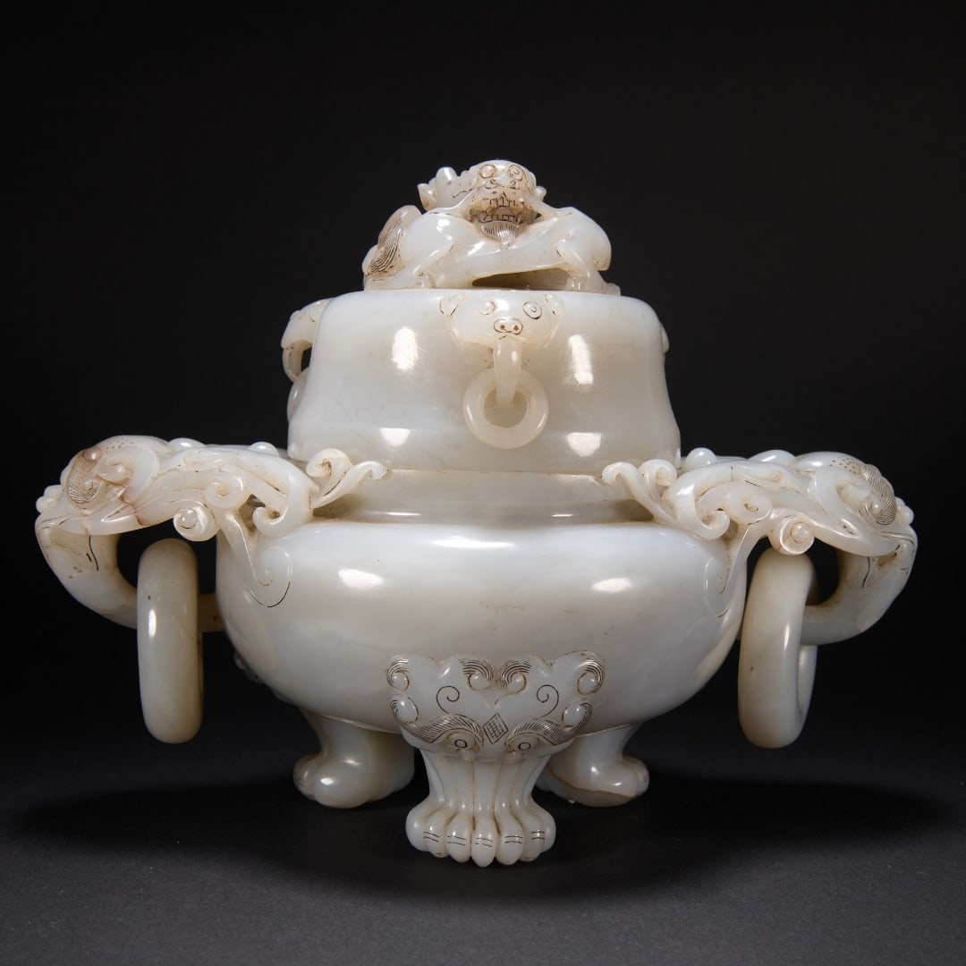 QING DYNASTY HETIAN JADE FIVE-RING FURNACE: QING DYNASTY HETIAN JADE FIVE-RING FURNACE. Long:19.5cm(7.68in), Width:12cm(4.72in), Height:15cm(5.91in), Weight:1434g (3.161lb)Carved from premium Hetian white jade with mellow texture and natural li