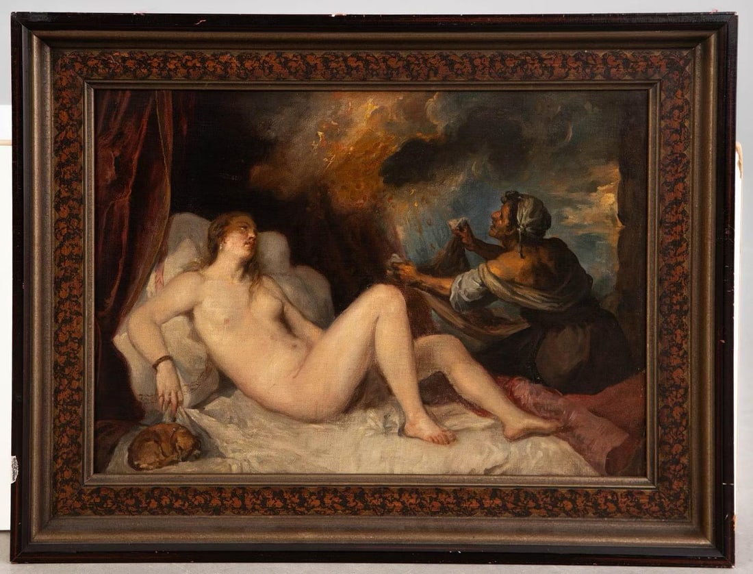 19TH-CENTURY EUROPEAN FIGURE OIL PAINTINGS: 19TH-CENTURY EUROPEAN FIGURE OIL PAINTINGS. Oil painting on canvas, framed in solid wood with gold leaf. The artwork depicts a scene from Greek mythology, featuring delicate brushwork, elegant colors,