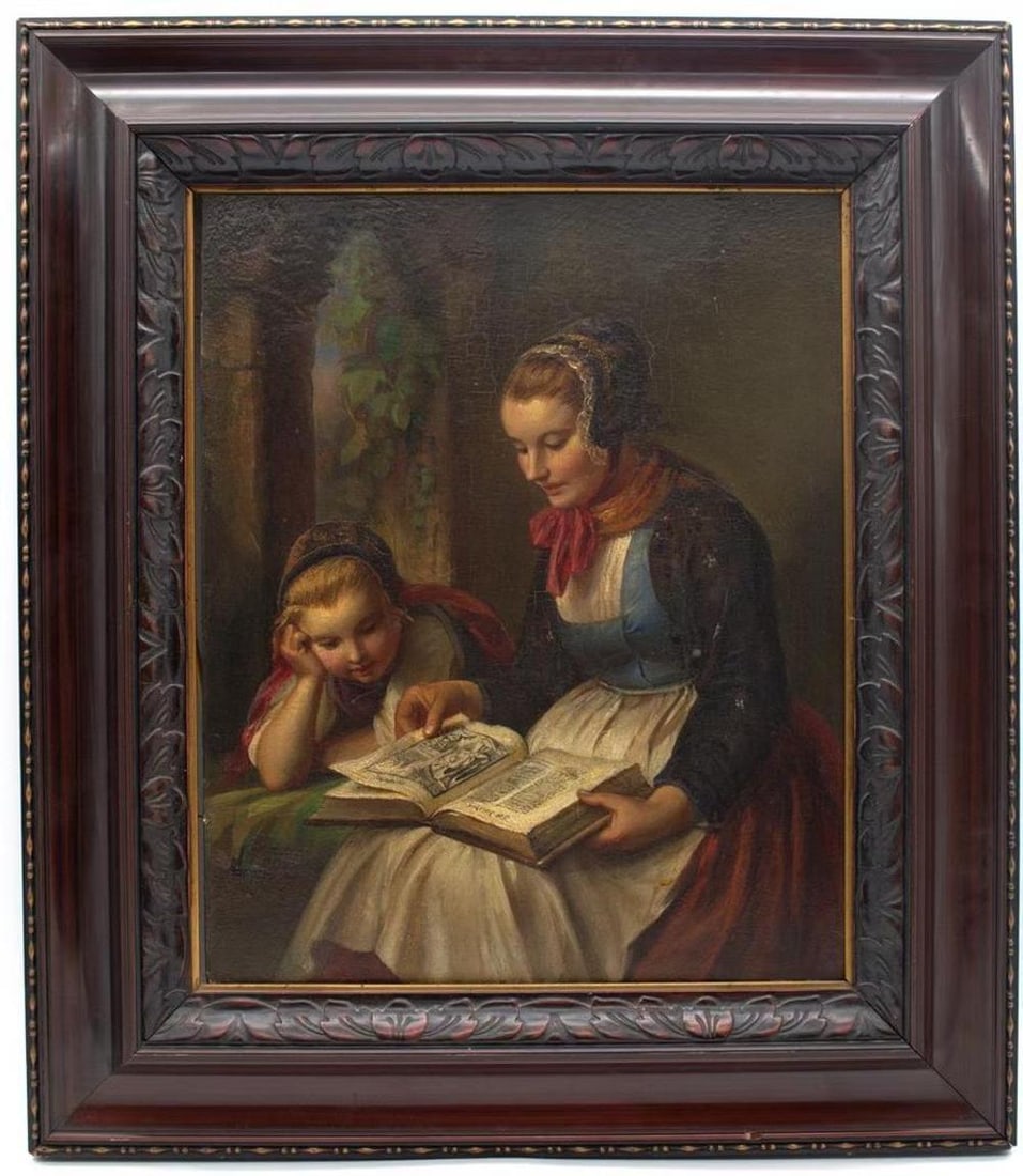 19TH-CENTURY GERMAN FIGURE PAINTINGS: 19TH-CENTURY GERMAN FIGURE PAINTINGS. Oil painting on panel, framed in solid wood. The artwork depicts a mother and daughter reading together, with delicate brushwork, soft colors, and rich details. O