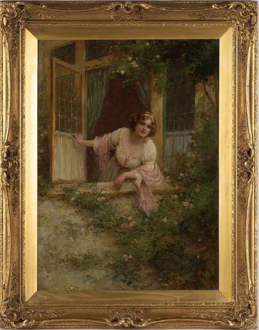 BELGIAN FIGURE PAINTINGS FROM THE LATE 19TH CENTURY: BELGIAN FIGURE PAINTINGS FROM THE LATE 19TH CENTURY. Oil painting on canvas, framed with solid wood and gilded. The artwork depicts a young woman by a window, featuring soft colors and rich details,