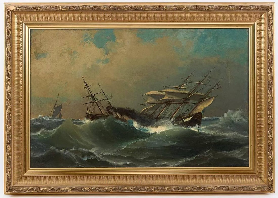 AN OIL PAINTING OF A GERMAN SAILING SHIP FROM THE LATE 19TH CENTURY: AN OIL PAINTING OF A GERMAN SAILING SHIP FROM THE LATE 19TH CENTURY. Oil painting on canvas, framed with solid wood and gilded. The artwork depicts a sailing ship navigating through waves, rendered vi