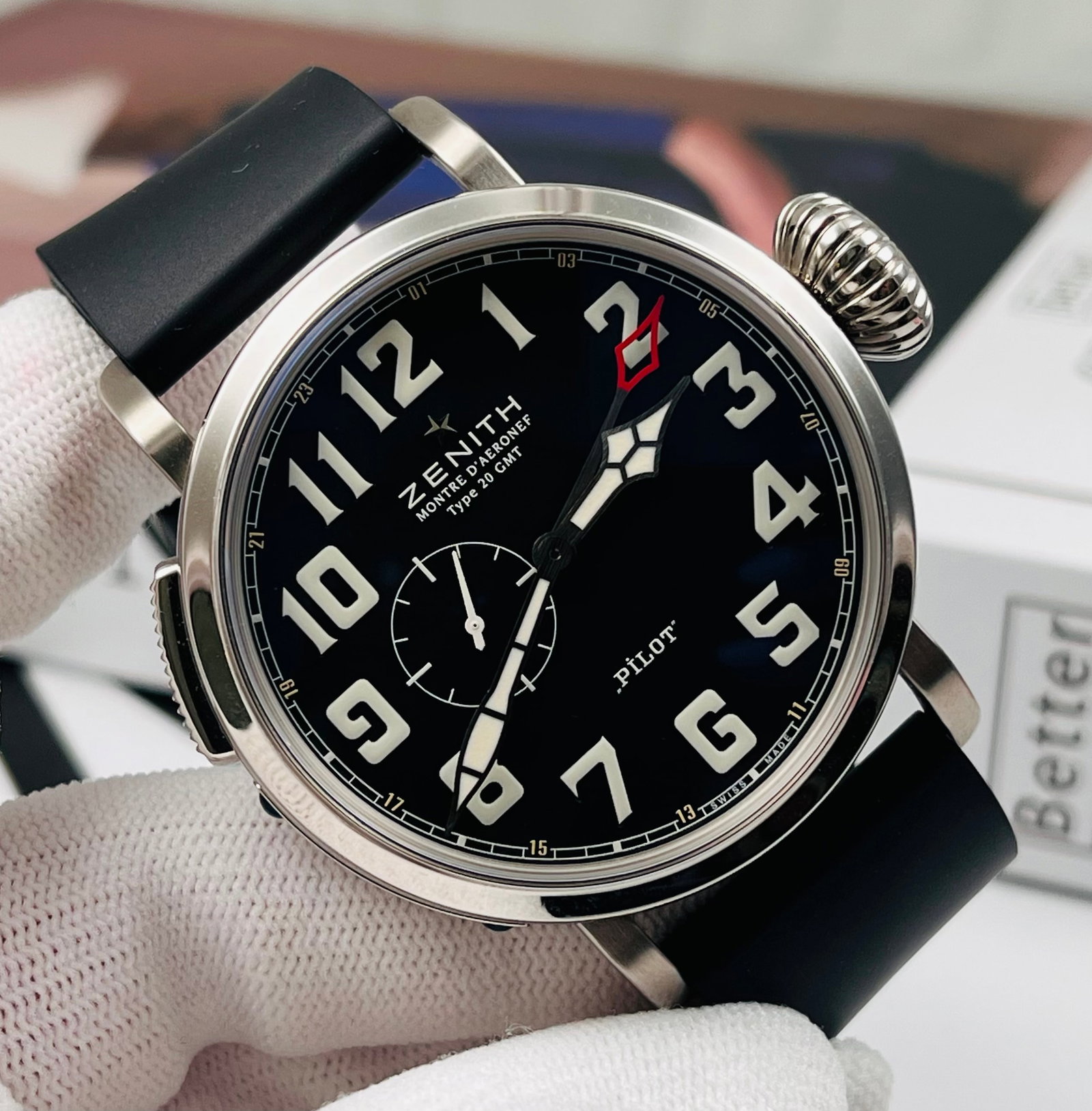 ZENITH PILOT COLLECTION WATCH: ZENITH PILOT COLLECTION WATCH. 693 automatic mechanical movement, 50-hour power reserve, 48mm stainless steel case, black matte dial with oversized Arabic numerals, GMT function, sapphire crystal glas