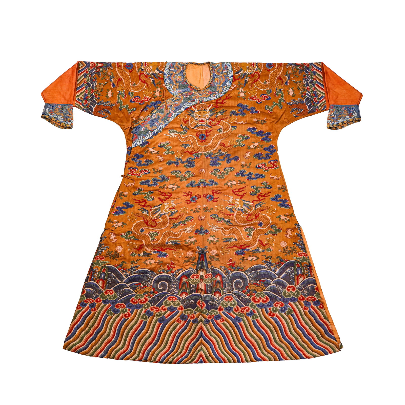 QING DYNASTY, ORANGE GROUND, GOLDEN DRAGON PATTERNED BROCADE, KESI DRAGON ROBE (1 of 12)