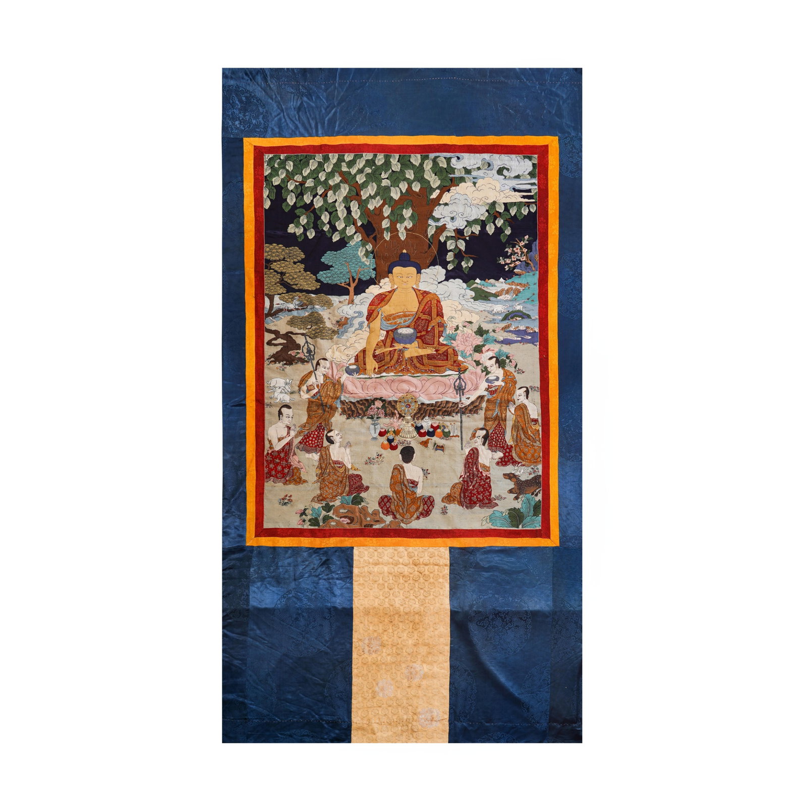 A QING DYNASTY KESI THANGKA DEPICTING THE PREACHING OF SAKYAMUNI (1 of 8)