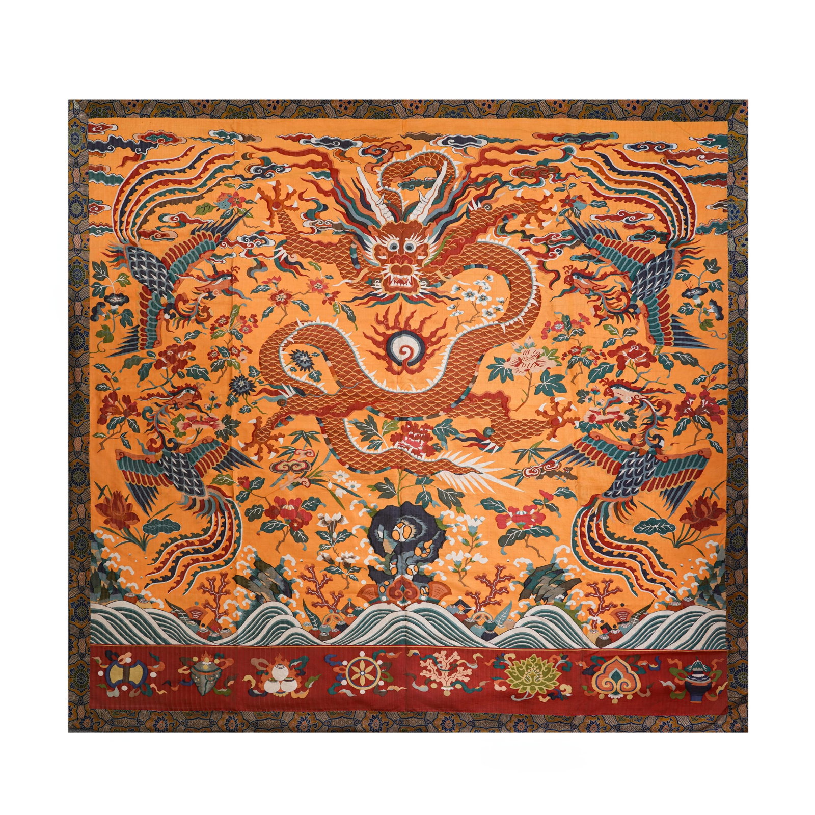 QING DYNASTY ORANGE GROUND KESI TAPESTRY WITH AUSPICIOUS PATTERNS OF DRAGONS AND PHOENIXES (SITTING (1 of 9)