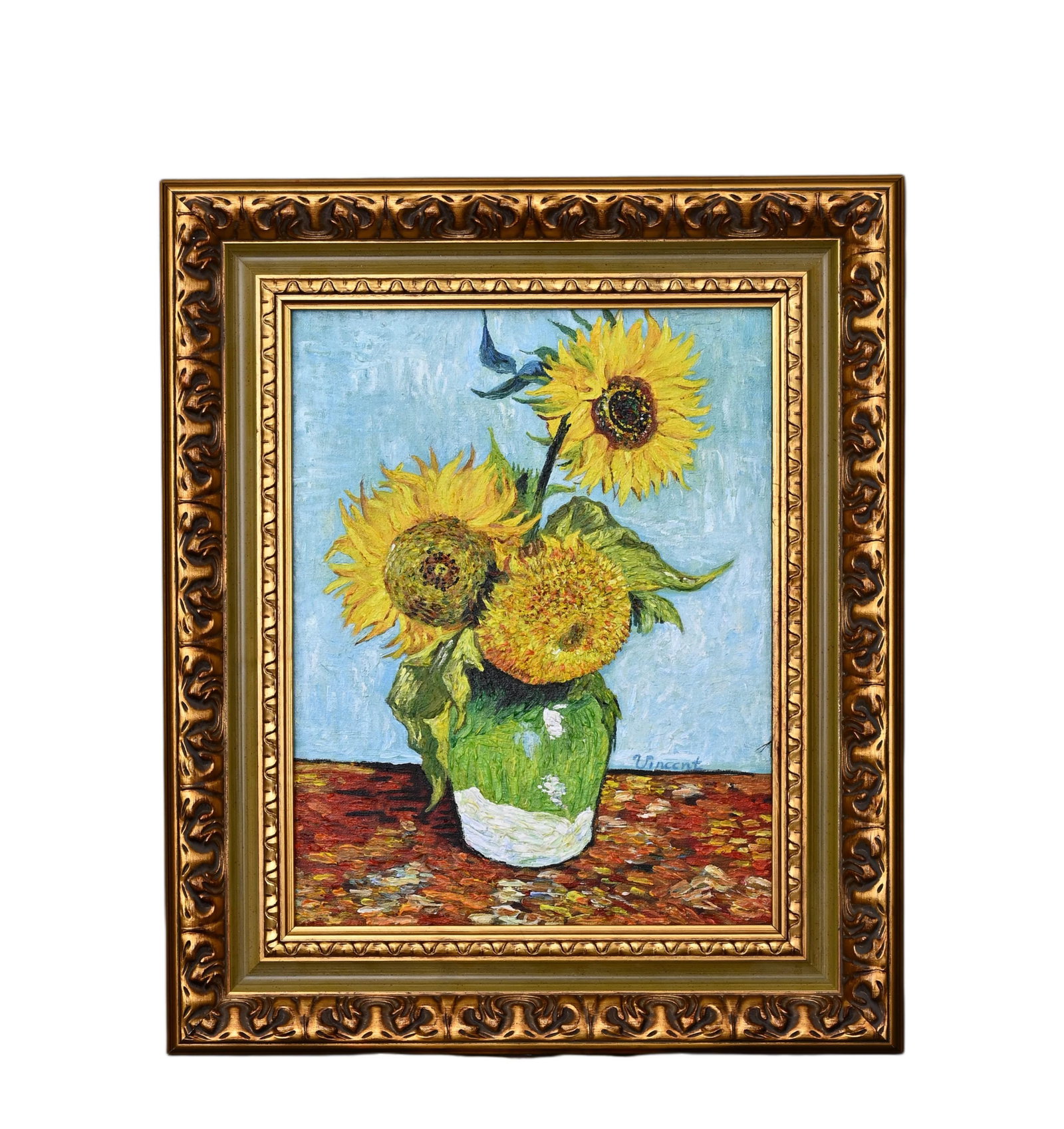VINCENT VAN GOGH, IN THE STYLE OF, OIL ON CANVAS: VINCENT VAN GOGH, IN THE STYLE OF, OIL ON CANVAS. Height:40cm(15.75in), Width:31cm(12.20in), Height:53cm(20.87in), Width:48cm(18.90in)The work retains original canvas and period frame with natural