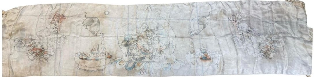 A Mongolian/Tibetan Good Fortune Silk Kathak with Tibetan Inscription and Figures (1 of 6)