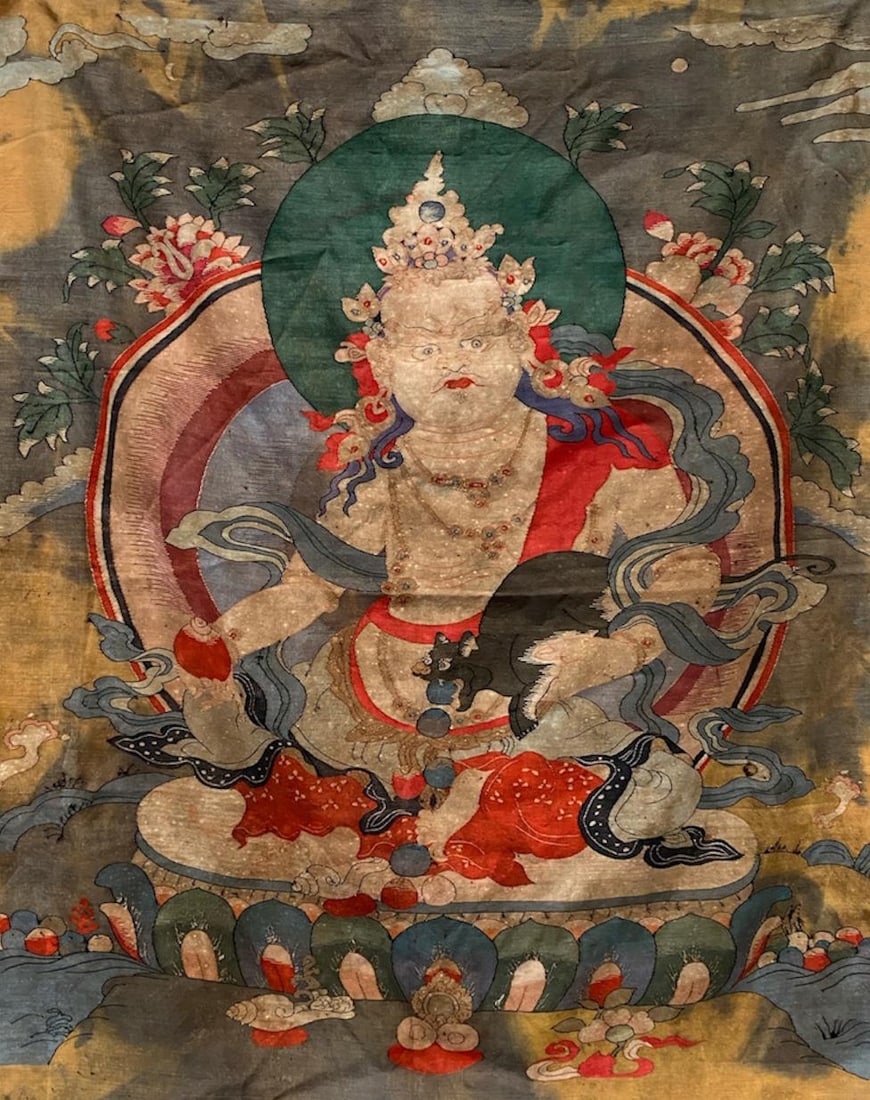 A Kesi Silk Jamabhala the God of Prosperity: A Kesi Silk Jamabhala the God of Prosperity . Provenance: New York Antique Market. Dimensions: 34" x 26.5"