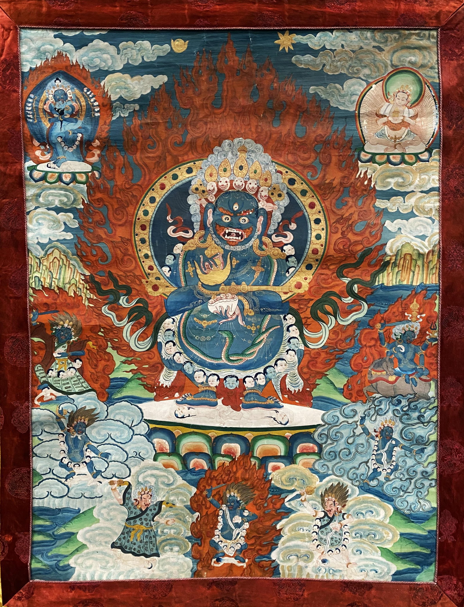 A Mahakala Thangka with Brocade. Circa 18-19th Century: A Mahakala Thangka with Brocade. Circa 18-19th Century . Provenance: New York Antique Market. Dimensions: 60" x 33.5". Inner Dimensions: 28.5" x 21.5"