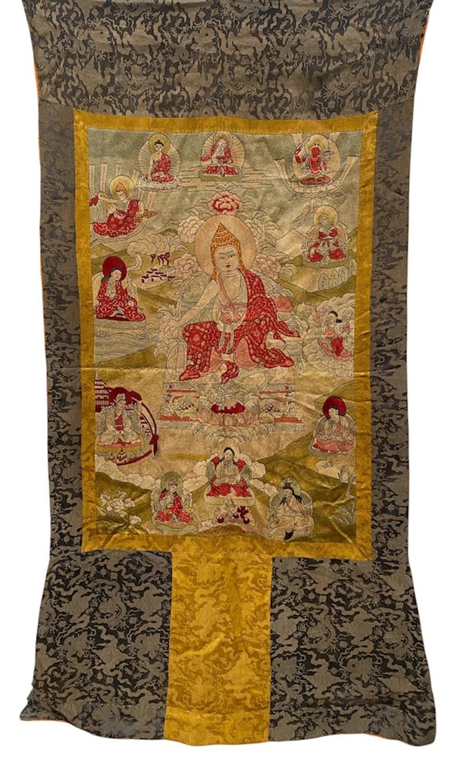 An Antique Embroidery Thangka of Lama: An Antique Embroidery Thangka of Lama . Provenance: Dharma Art. Dimensions: 53" x 26.5". Inner Dimensions: 29" x 19"