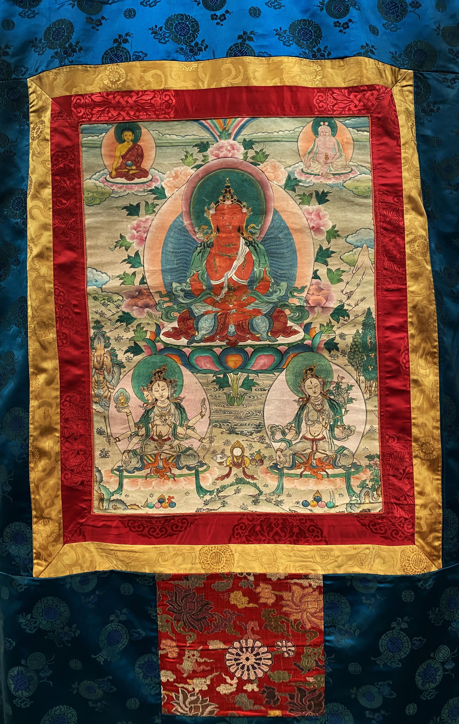A Thangka of Buddha Amitaya, medicine Buddha, Circa 19th Century: A Thangka of Buddha Amitaya, medicine Buddha, Circa 19th Century . Provenance: Swiss Collection. Dimensions: 46" x 28". Inner Dimensions: 20.75" x 15"