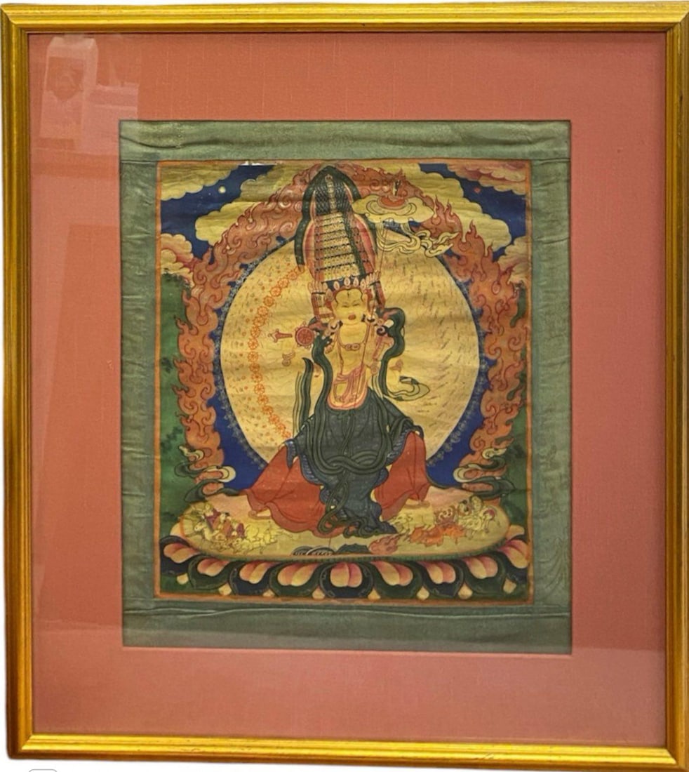 A Painting of Sitatpatra Apajrajita thangka, Tibet circa 17th-18th century. Provance Zimmerman: A Painting of Sitatpatra Apajrajita thangka, Tibet circa 17th-18th century. Provance Zimmerman Family Collection . Provenance: Dharma Art. Dimensions: 20" x 17.75"